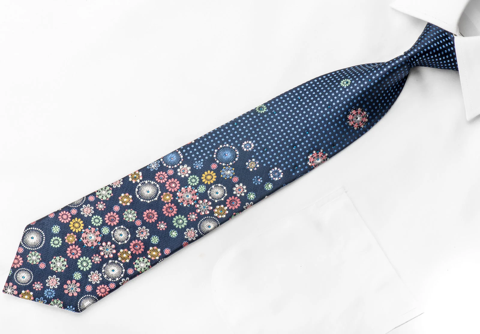 Giorgio Ferri Men's Silk Tie Geometric Floral On Blue Sparkling With Crystal Rhinestones - Image 2