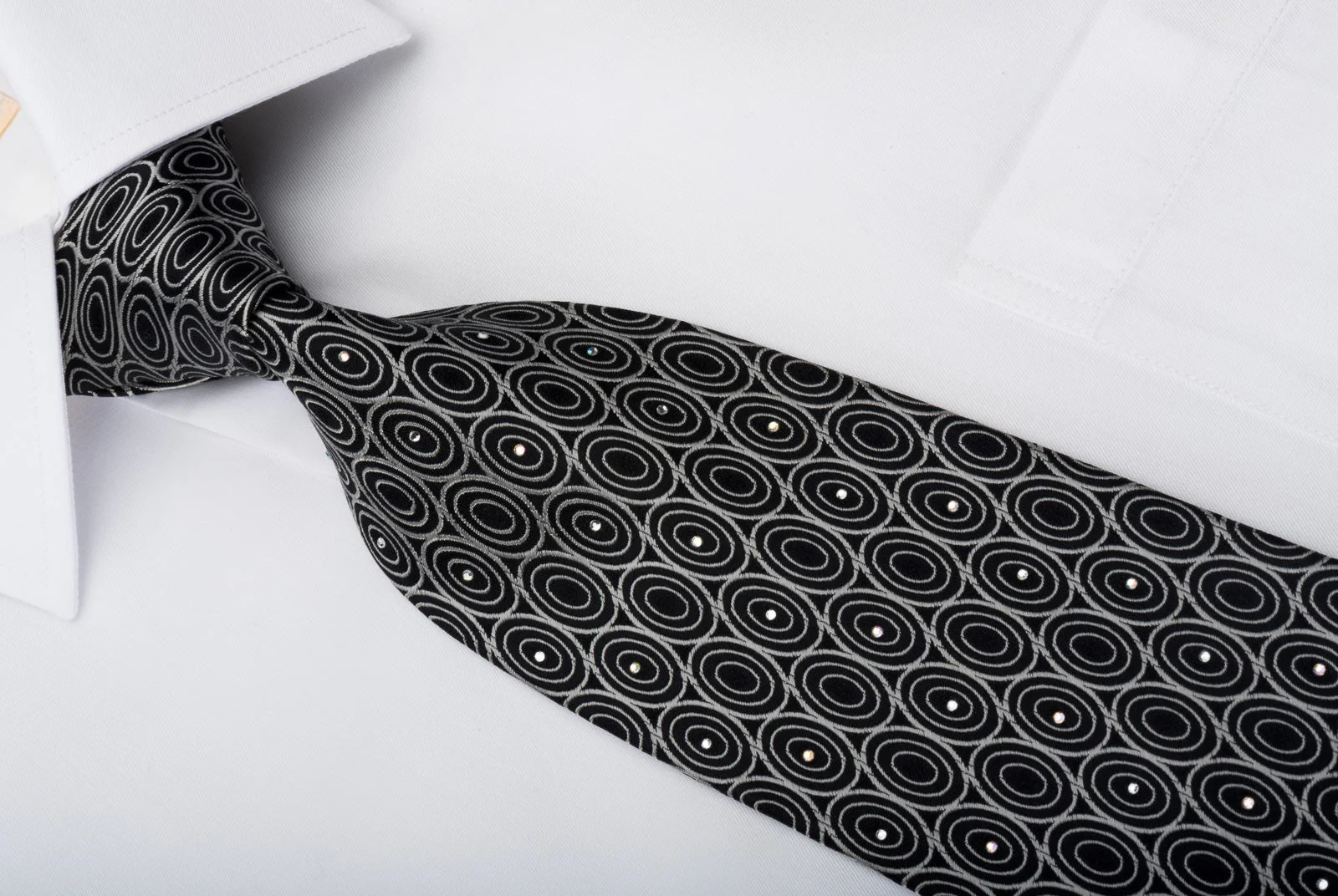 Giorgio Ferri Mens Silk Necktie Silver Geometric Ovals On Black Sparkling With Rhinestones - Image 7