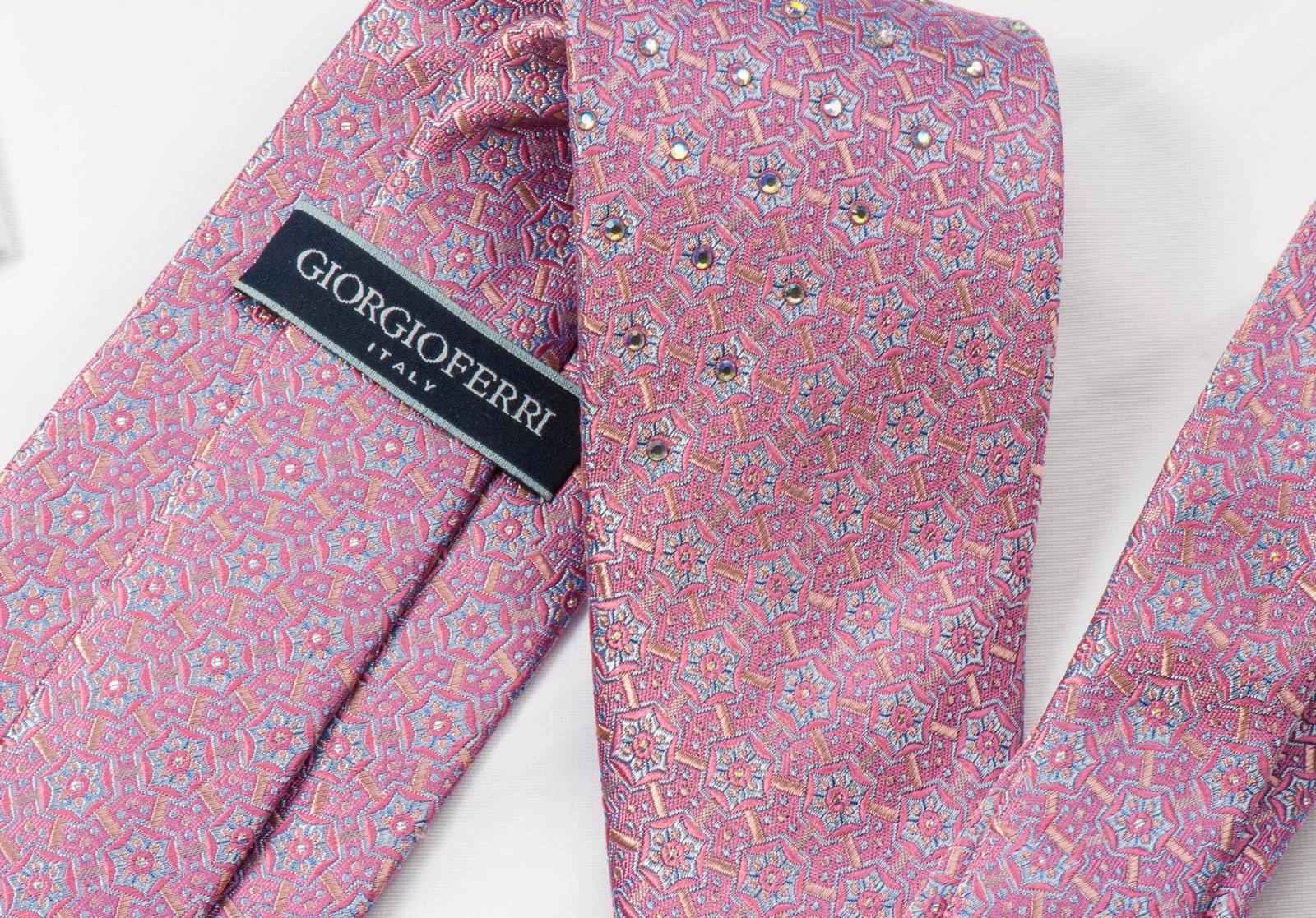 Giorgio Ferri Mens Woven Silk Rhinestone Necktie Geometric Trellis On Mauve - Image 5