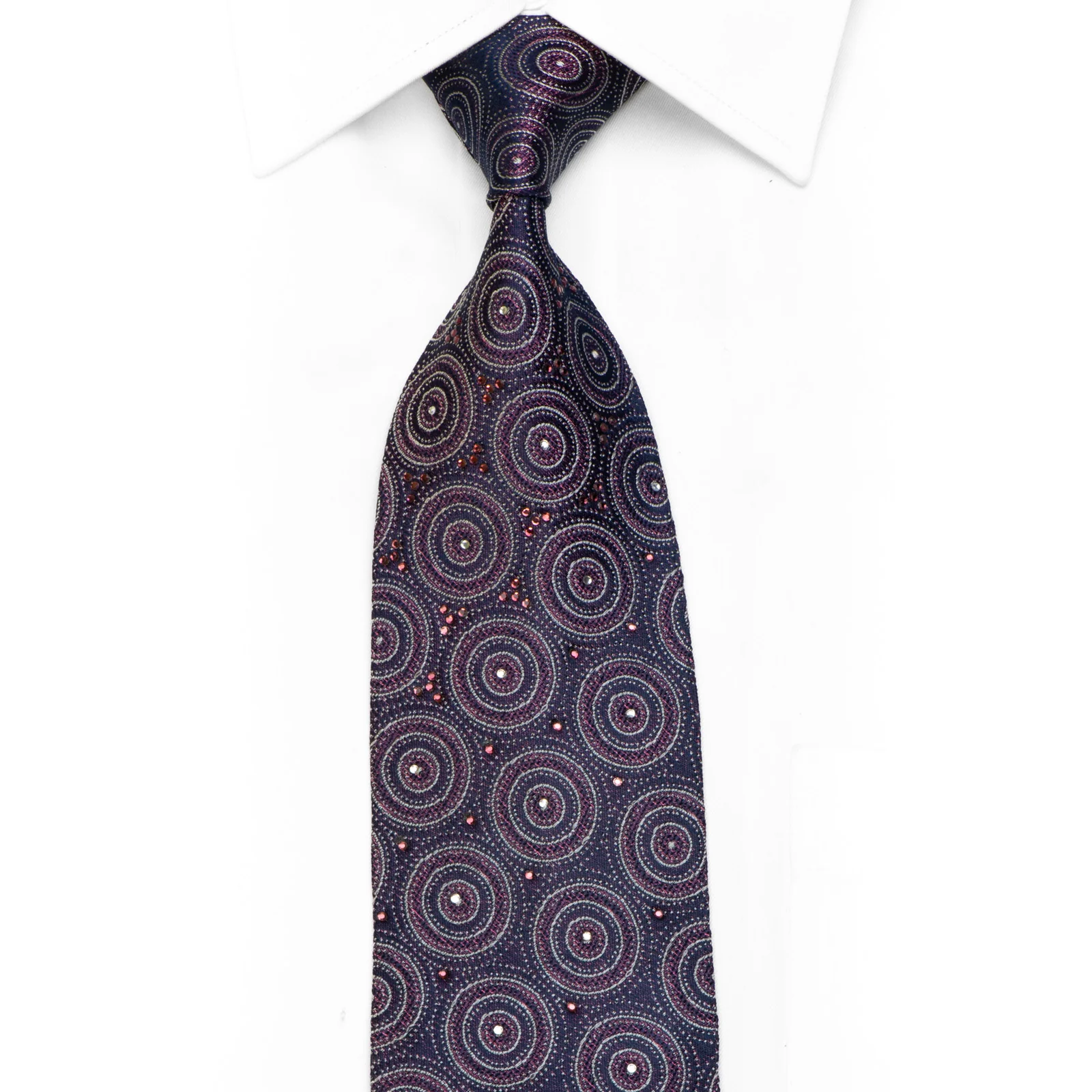 Giorgio Ferri Rhinestone Silk Necktie Geometric Circles On Navy