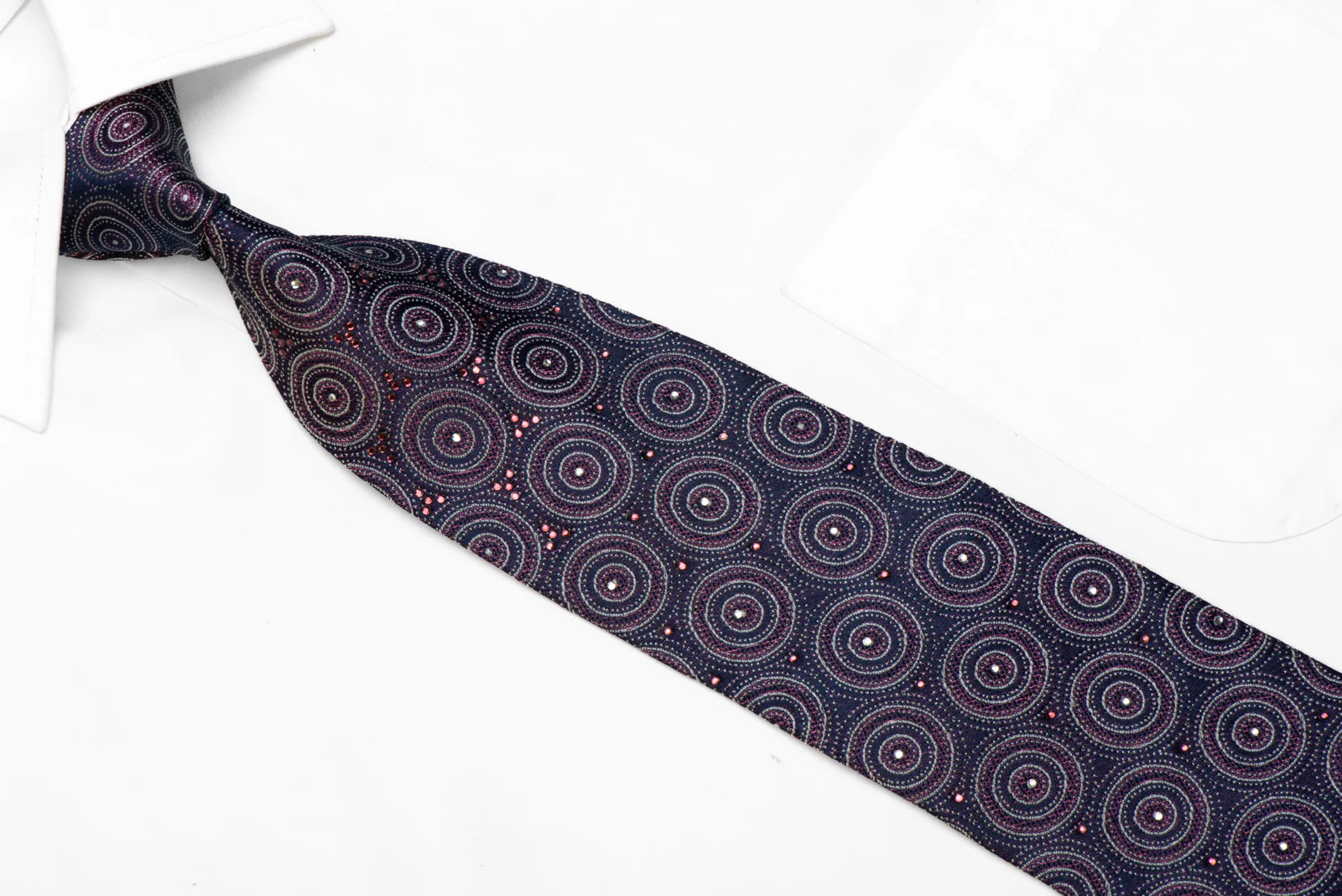 Giorgio Ferri Rhinestone Silk Necktie Geometric Circles On Navy - Image 2