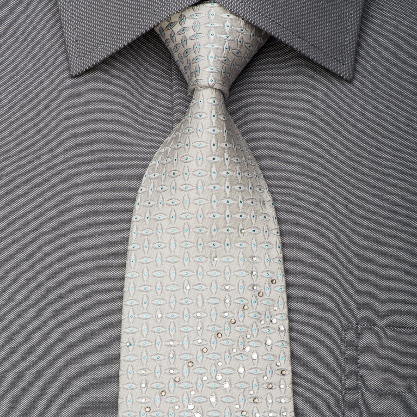 Giorgio Ferri Rhinestone Silk Necktie Geometric On Silver With Blue Sparkles