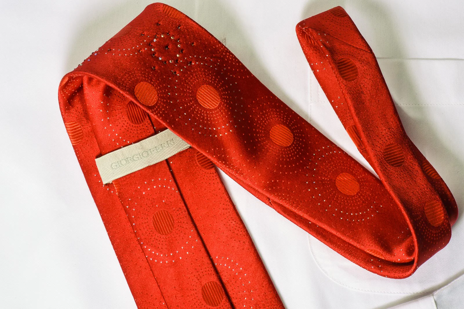 Giorgio Ferri Rhinestone Silk Tie Medallions On Red With Silver Sparkles - Image 4
