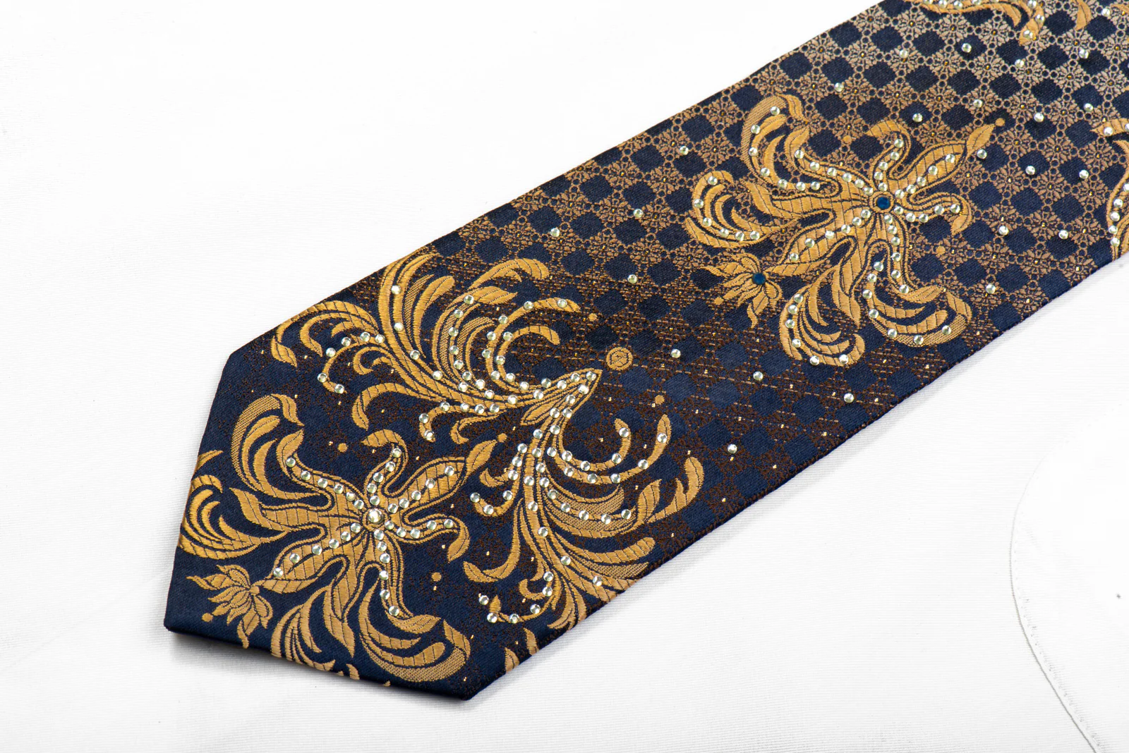 Giovanni Crystal Rhinestone Necktie Golden Damask On Navy With Sparkles - Image 3