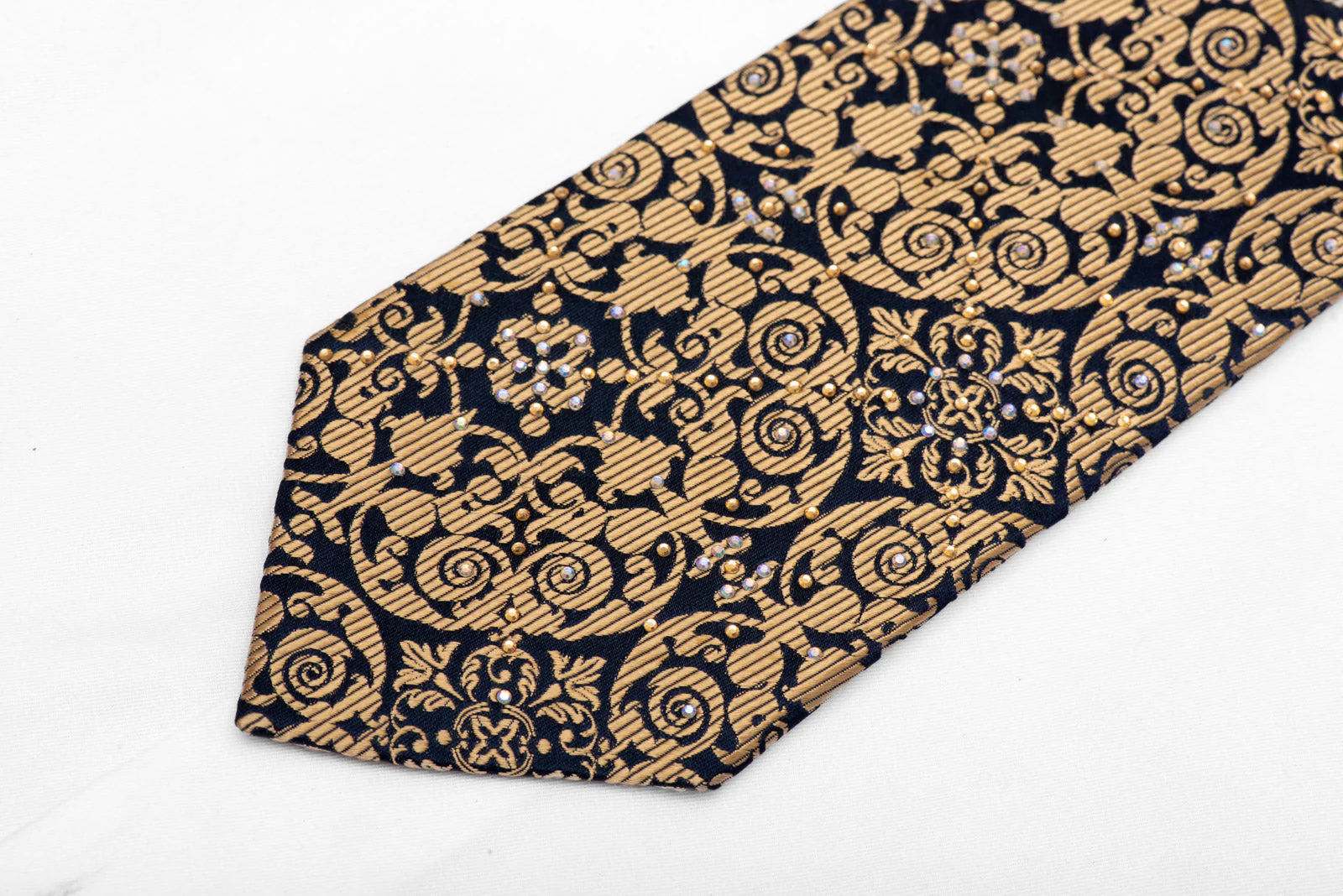 Gold Baroque On Navy Diamante Rhinestone Silk Tie - Image 3