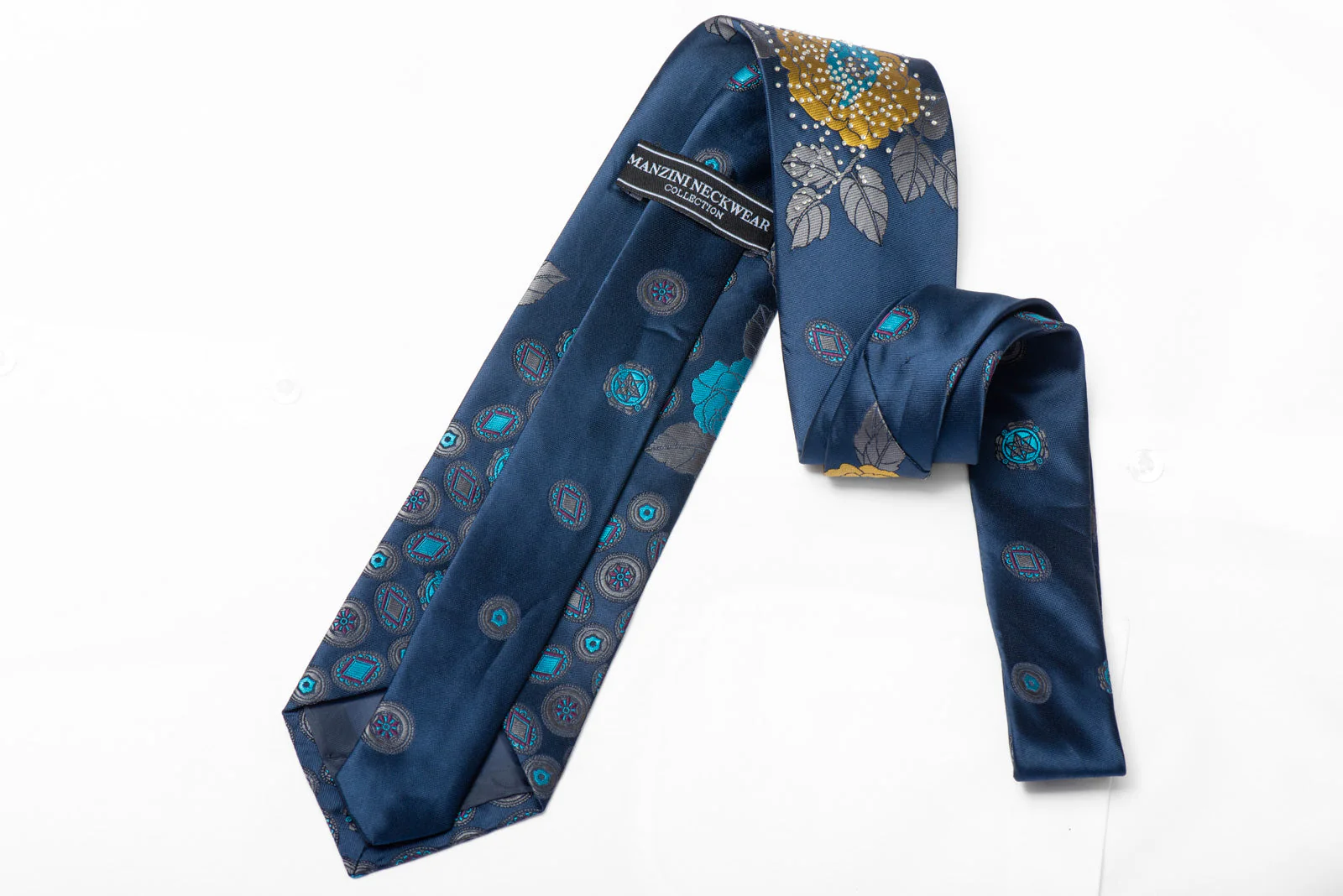 Gold Blue Floral Rhinestone Silk Necktie - Image 3