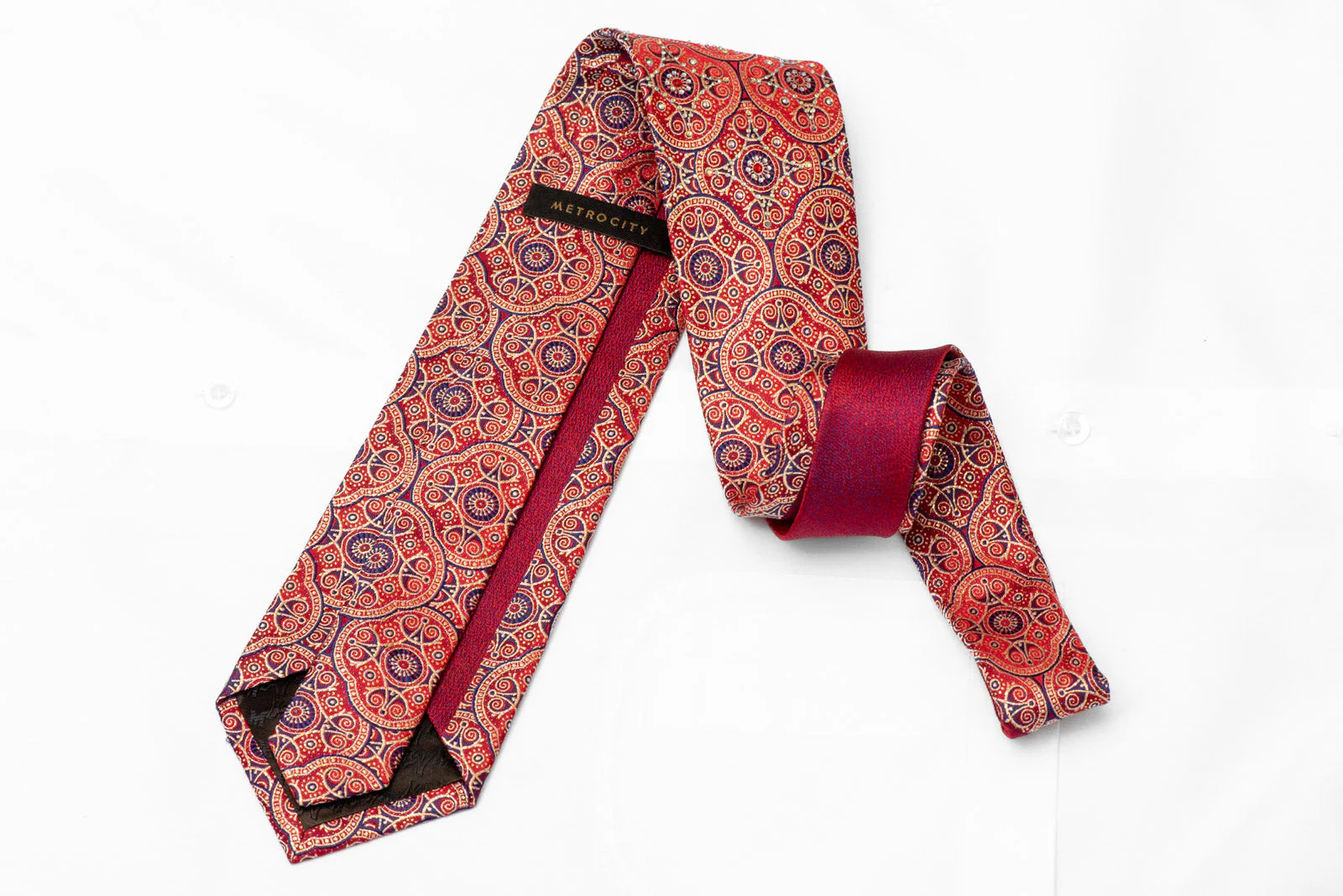 Gold Blue Marrakesh On Red Rhinestone Silk Necktie With Gold Sparkles - Image 3