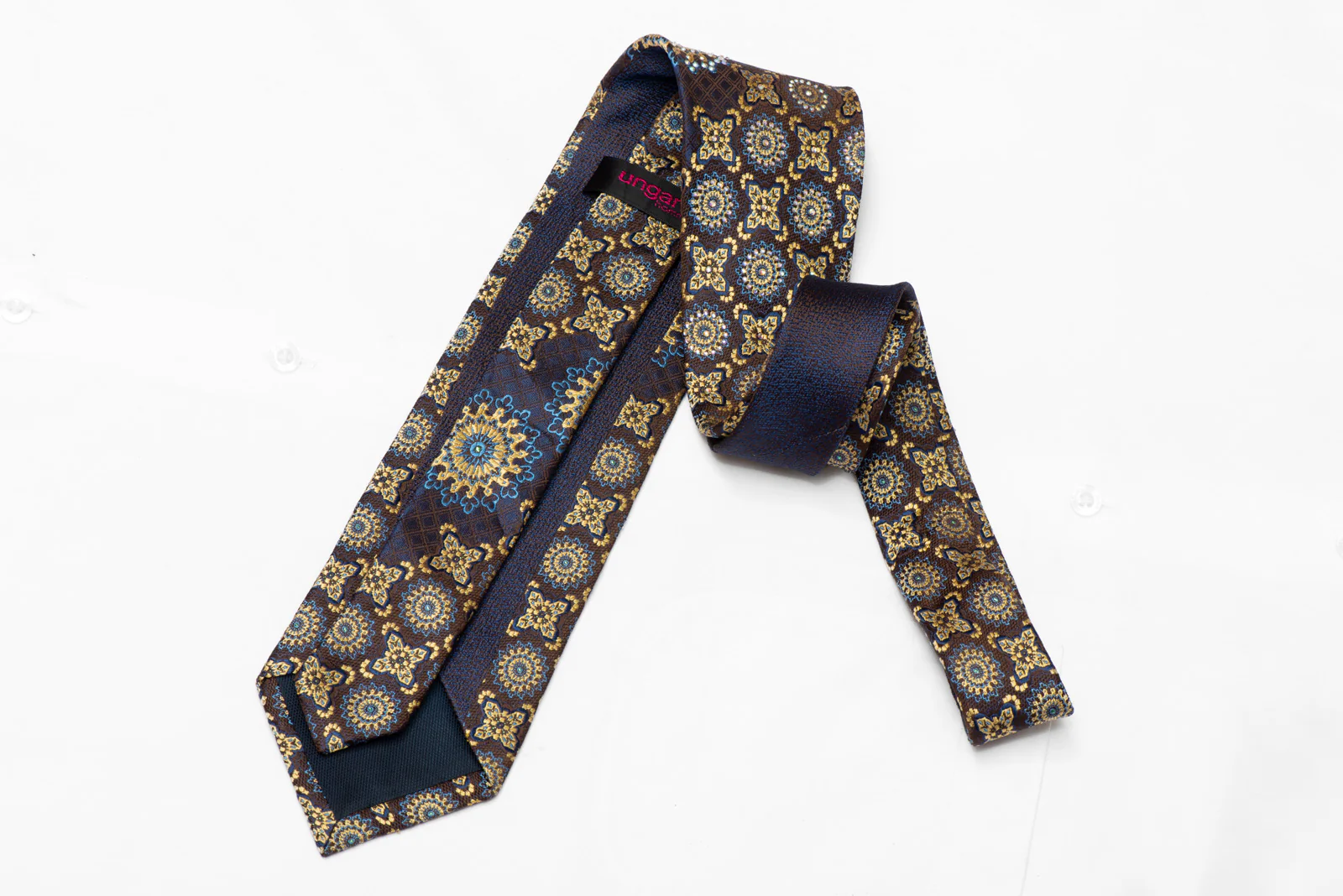 Gold Blue Medallions Design On Brown Rhinestone Silk Necktie - Image 3