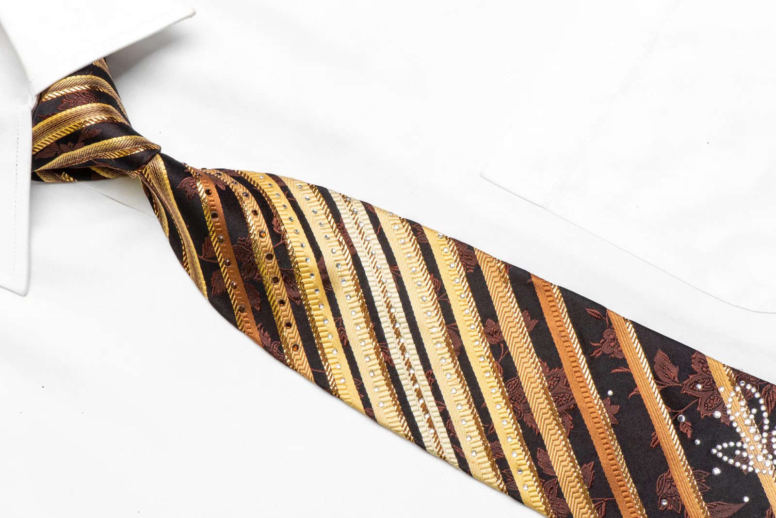 Gold Brown Striped On Dark Brown Rhinestone Tie With Gold Sparkles - Image 2