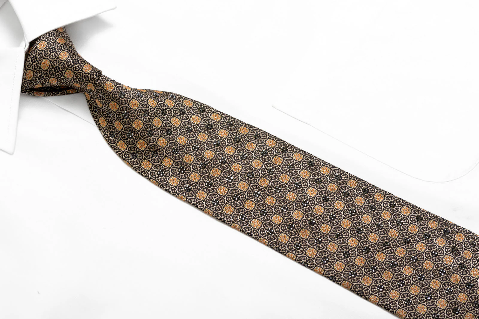 Gold Cartouche On Black Rhinestone Silk Necktie With Gold Sparkles - Image 2