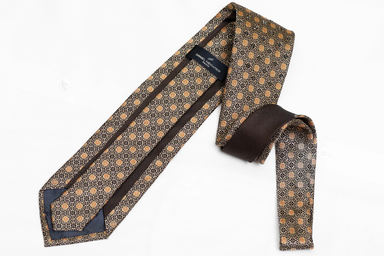 Gold Cartouche On Black Rhinestone Silk Necktie With Gold Sparkles - Image 4