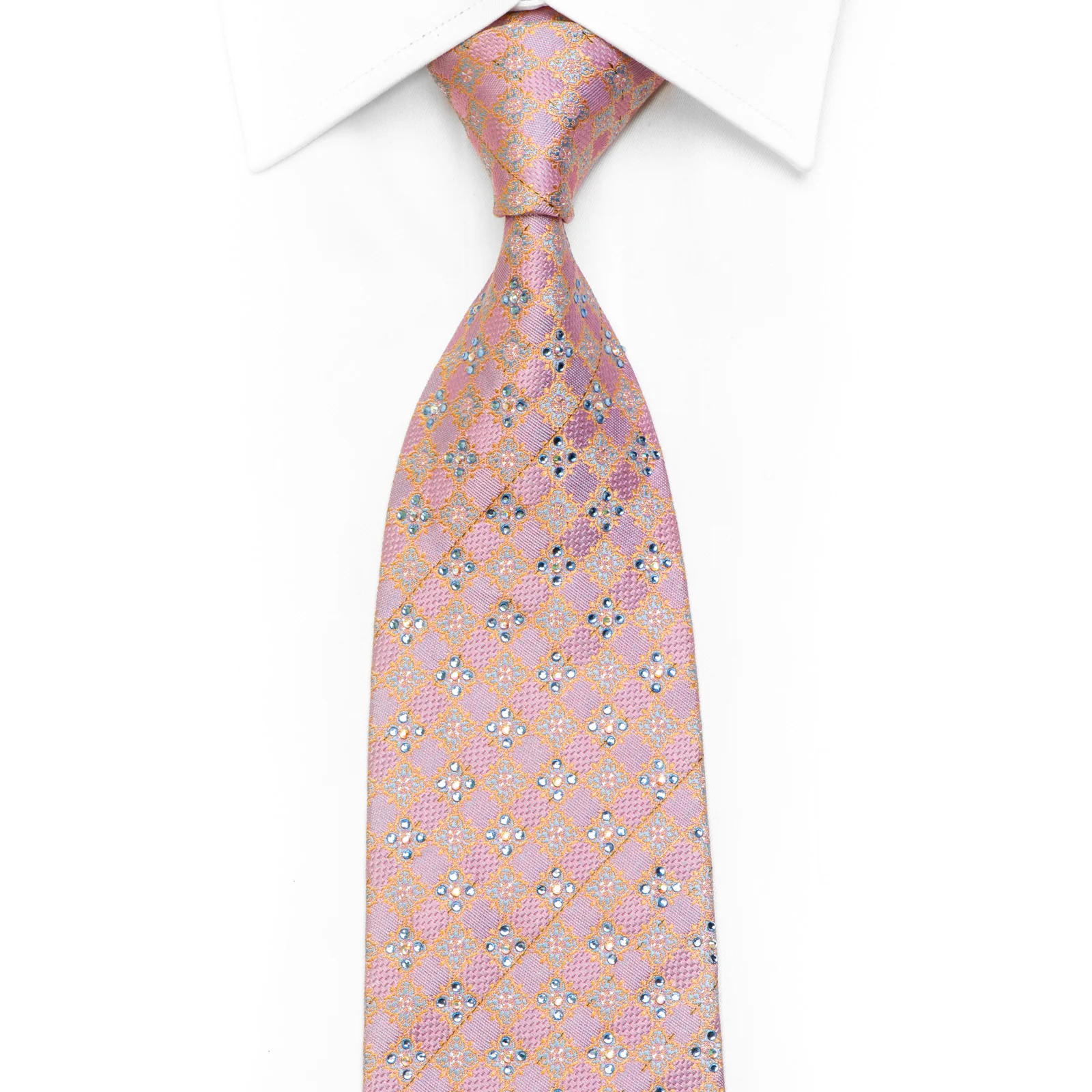 Gold Cartouche On Mauve Rhinestone Silk Necktie With Silver Sparkles