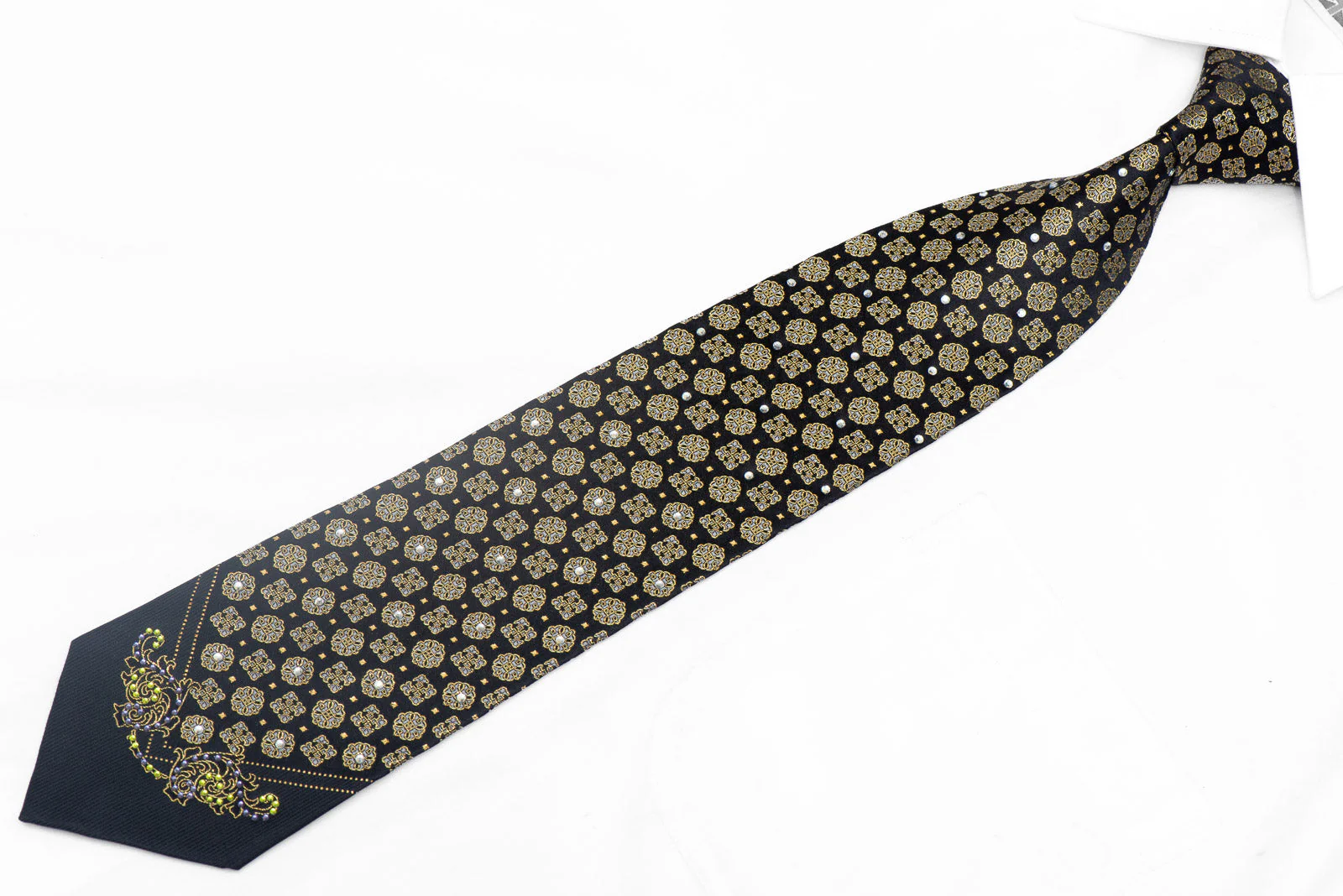 Gold Cartouche On Navy Rhinestone Silk Necktie With Gold Sparkles - Image 2