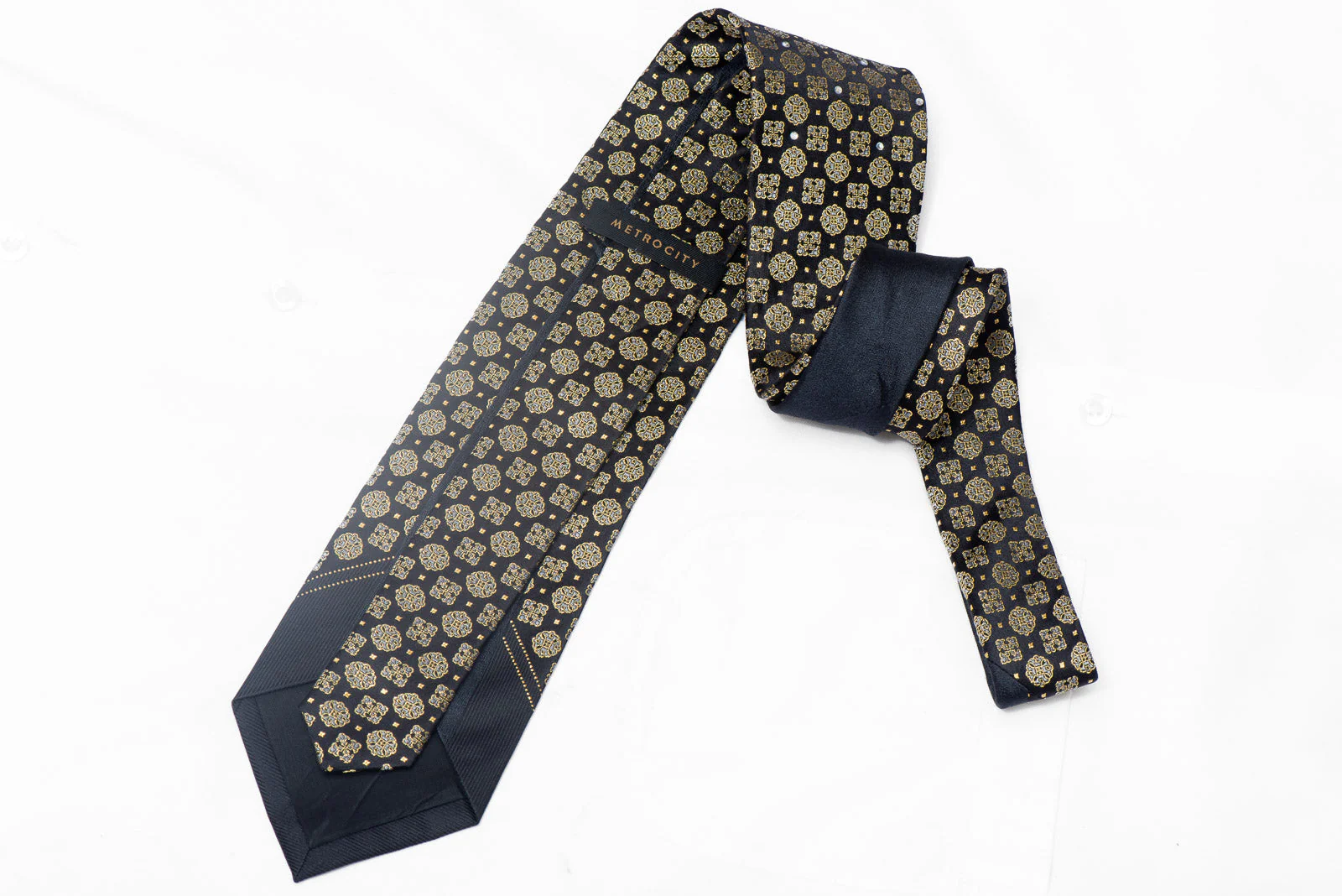 Gold Cartouche On Navy Rhinestone Silk Necktie With Gold Sparkles - Image 3