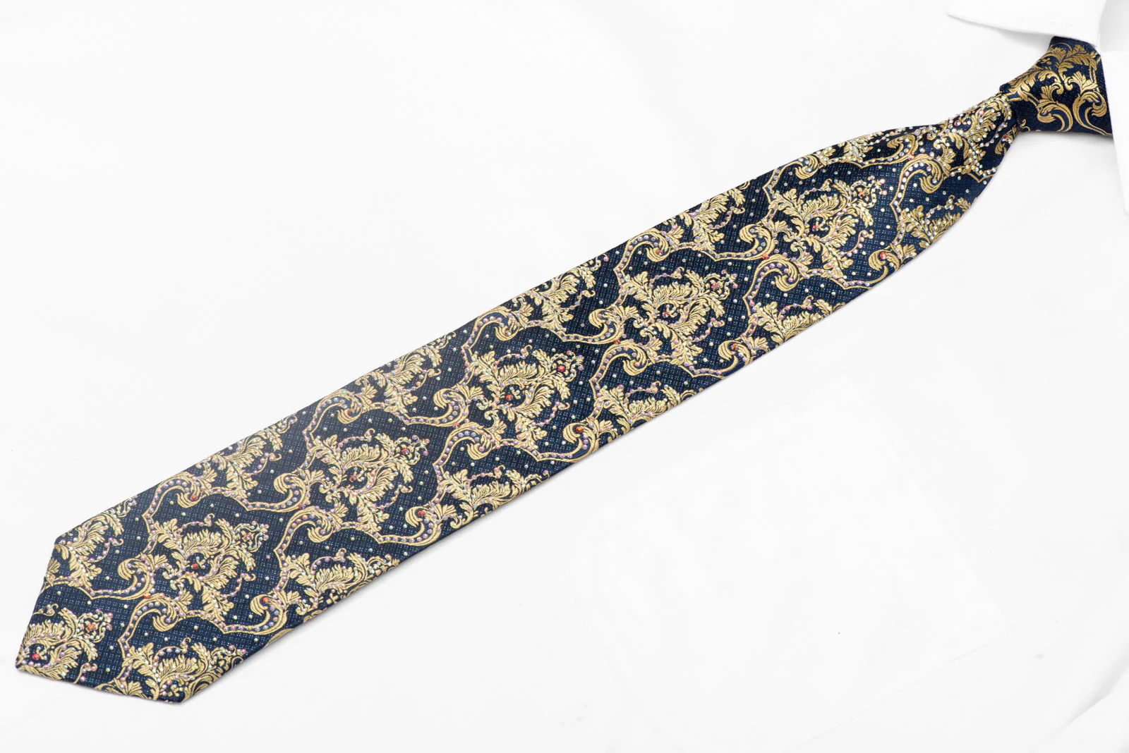 Gold Damask On Navy Rhinestone Silk Tie With Silver Sparkles - Image 2