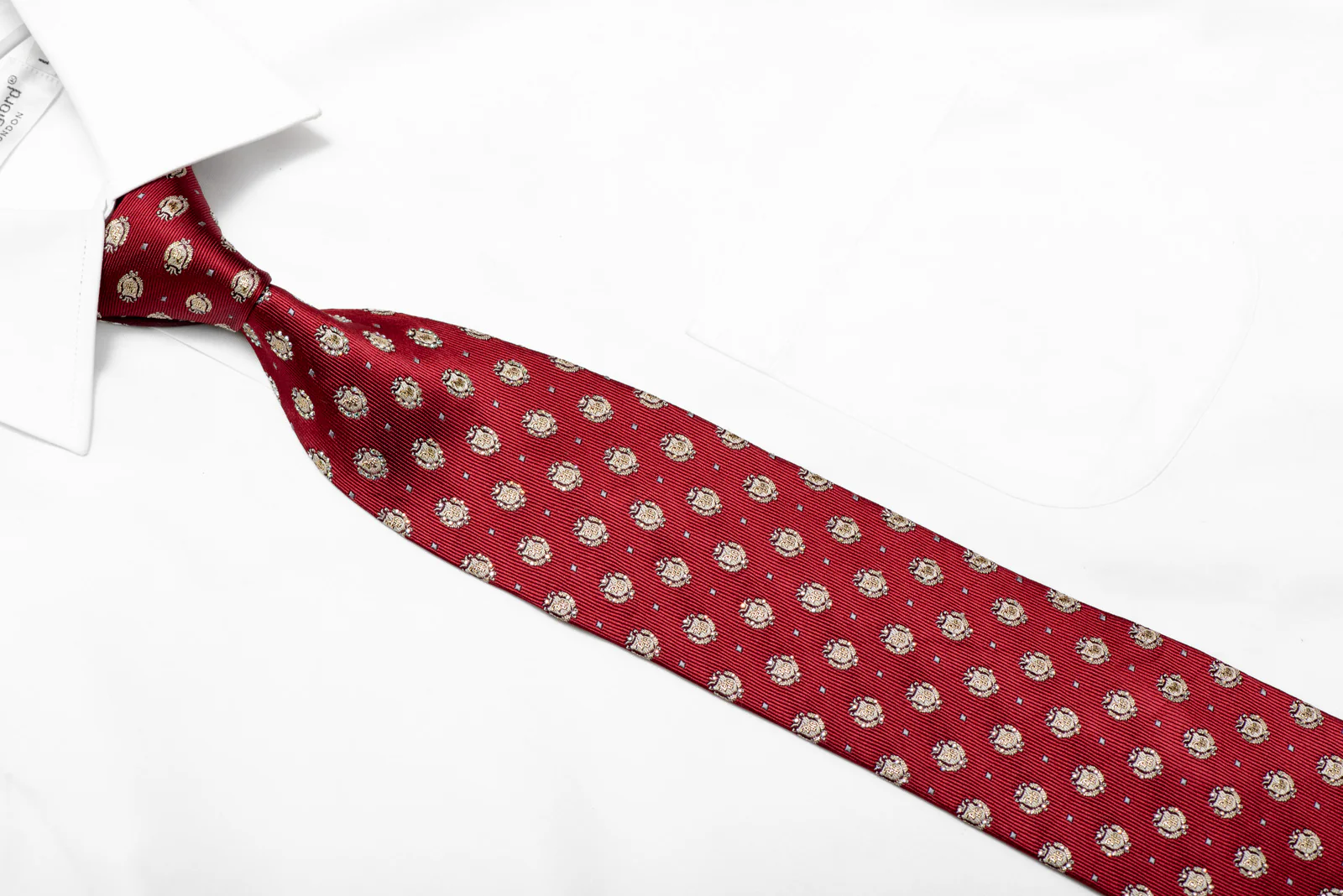 Gold Emblem On Burgundy Rhinestone Silk Necktie With Gold Sparkles - Image 2
