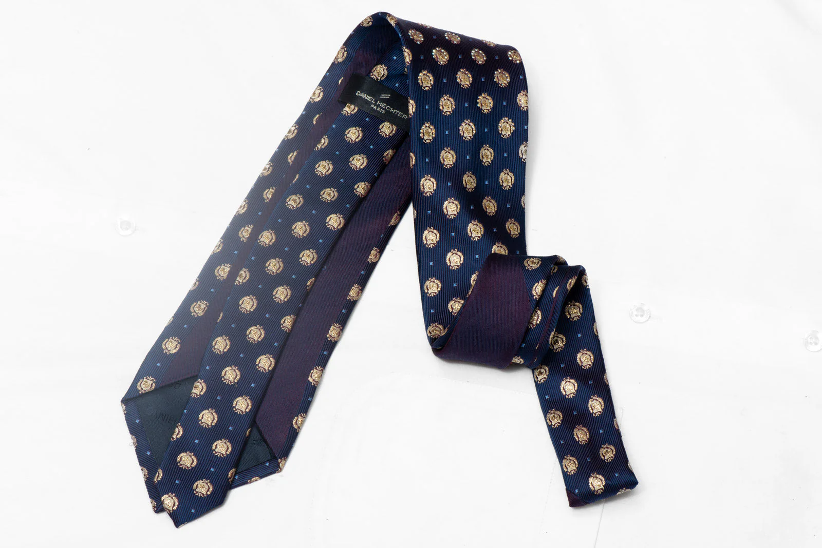 Gold Emblem On Navy Blue Rhinestone Silk Necktie With Gold Sparkles - Image 3