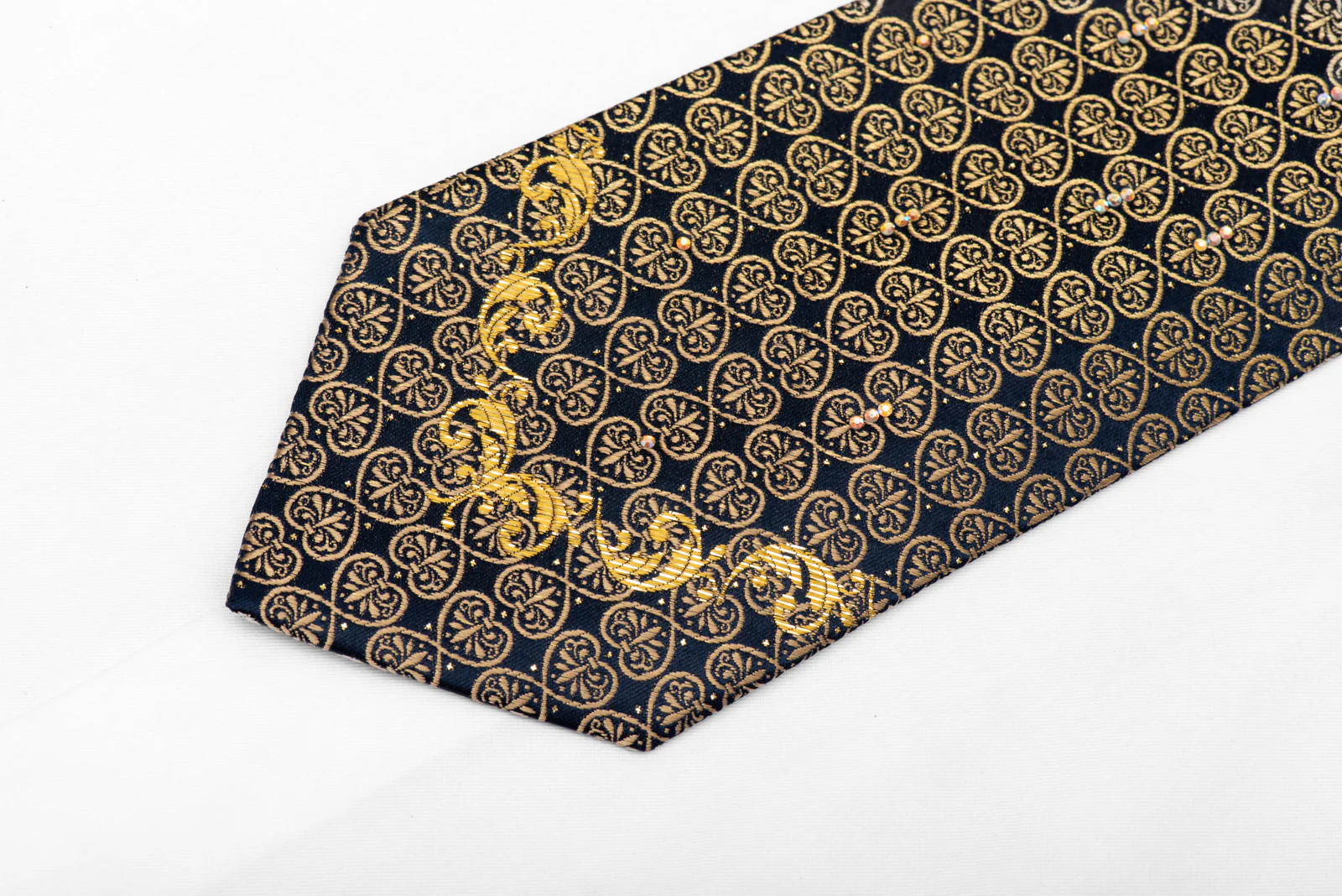 Gold Fleur De Lis On Navy Rhinestone Silk Tie With Gold Sparkles - Image 3