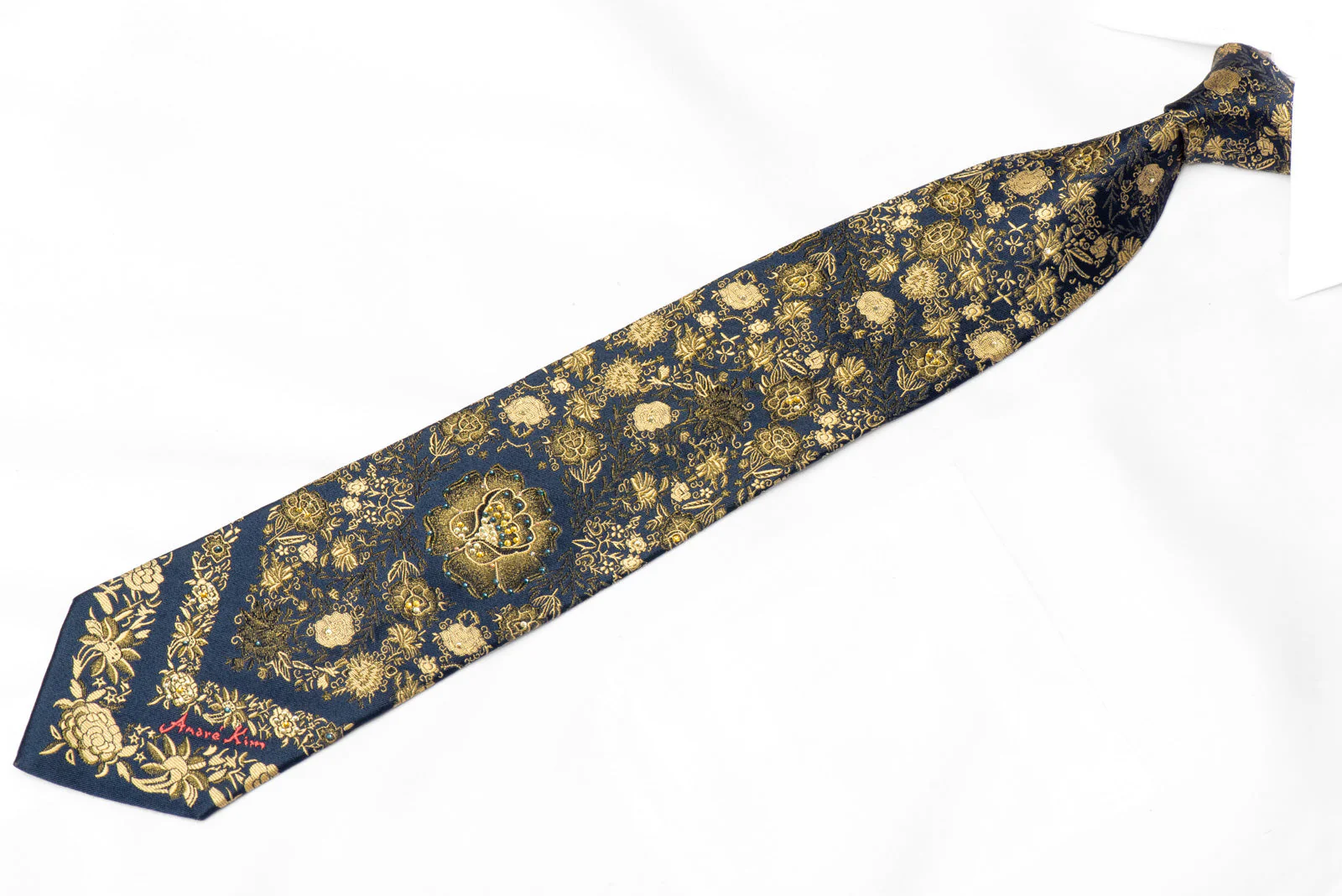 Gold Floral On Navy Rhinestone Silk Tie With Gold Sparkles - Image 2