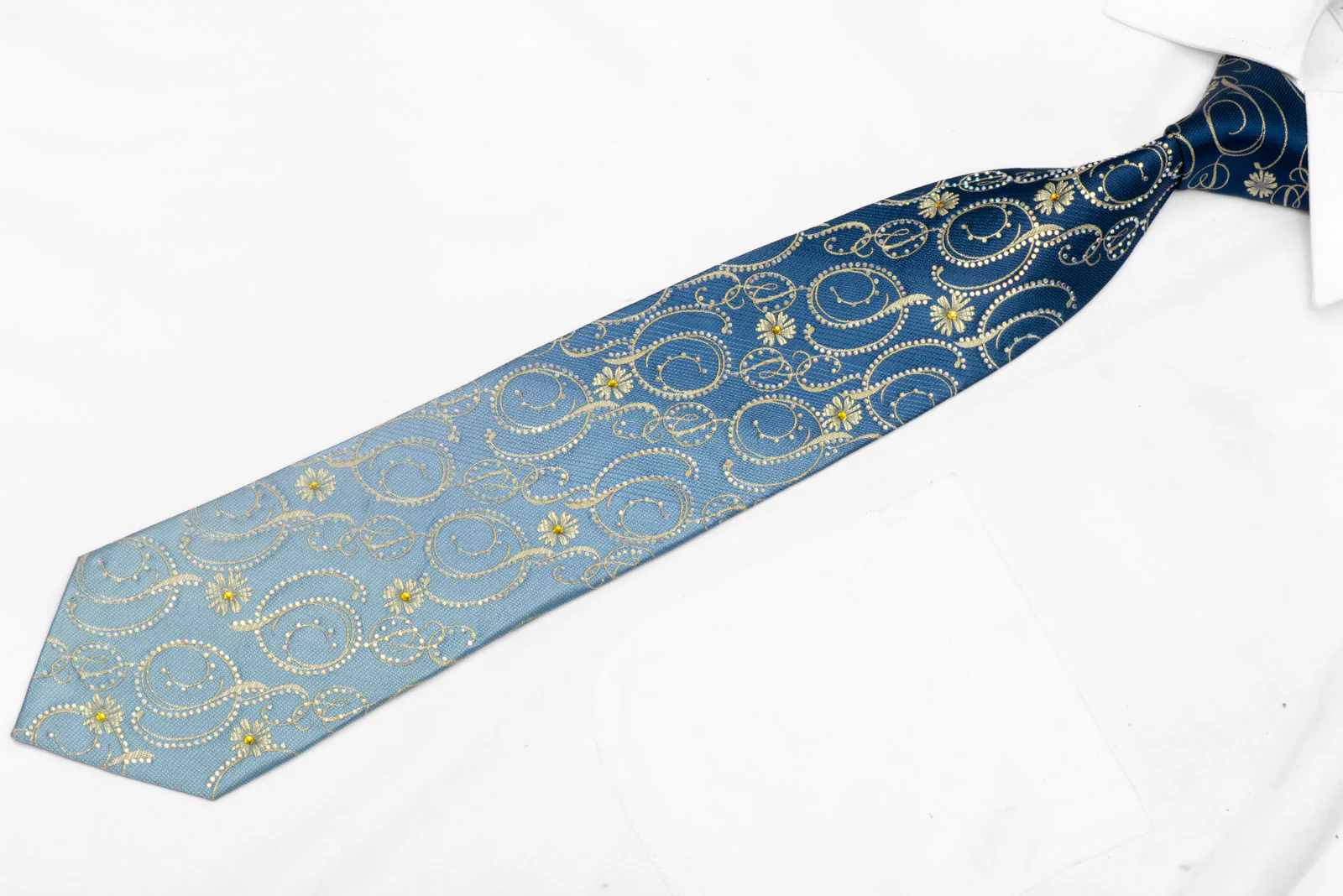 Gold Floral Scrolls On Blue Rhinestone Silk Necktie With Gold Sparkles - Image 2