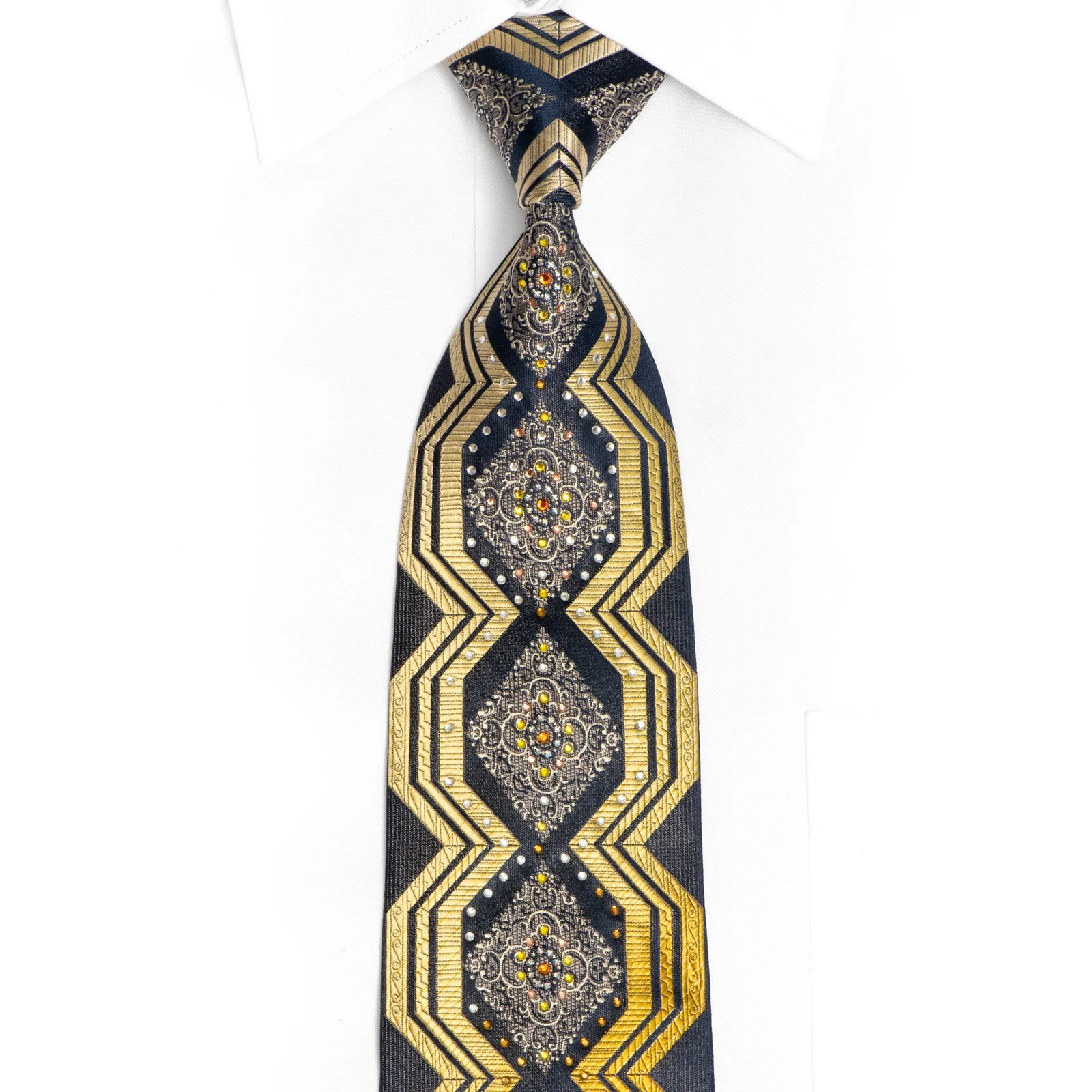 Gold Geometric And Cartouche On Navy Silk Tie With Silver Sparkles
