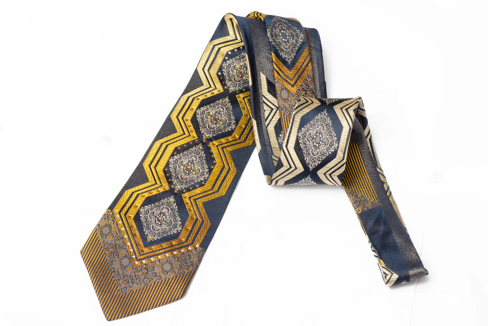 Gold Geometric And Cartouche On Navy Silk Tie With Silver Sparkles - Image 3
