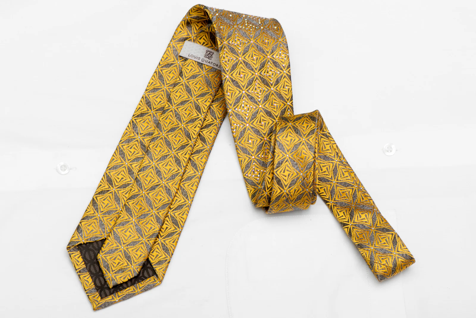 Gold Geometric On Dark Silver Crystal Rhinestone Silk Tie - Image 4