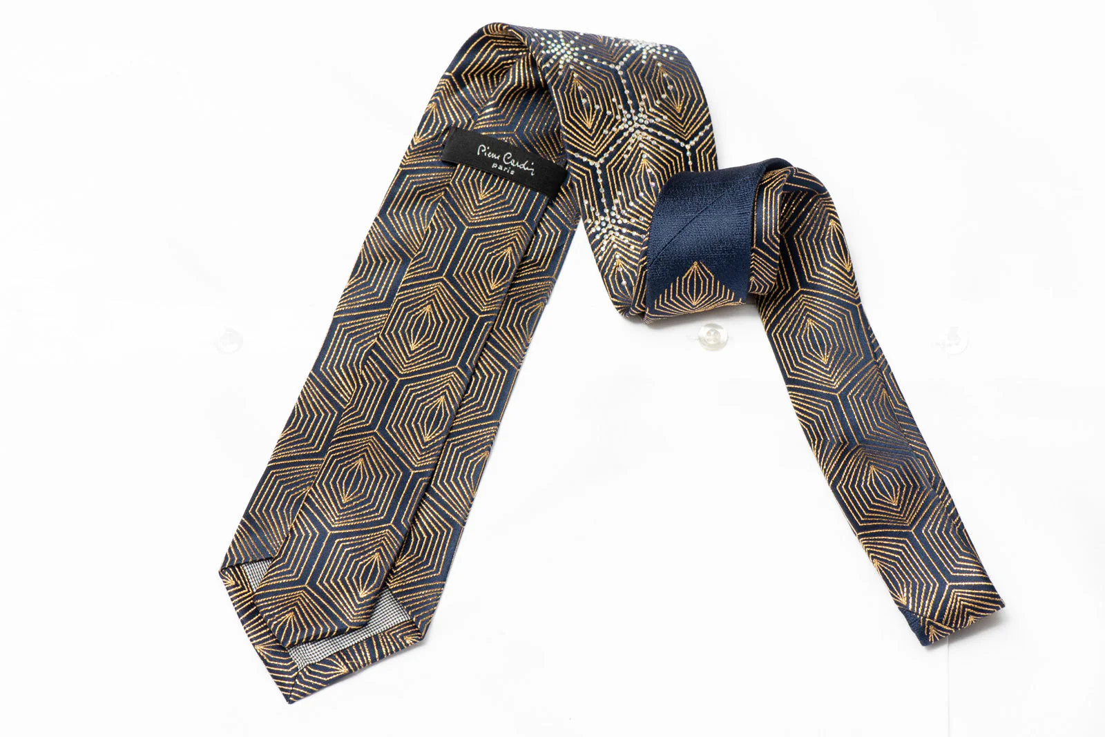 Gold Geometric On Navy Rhinestone Silk Necktie With Gold Sparkles - Image 3