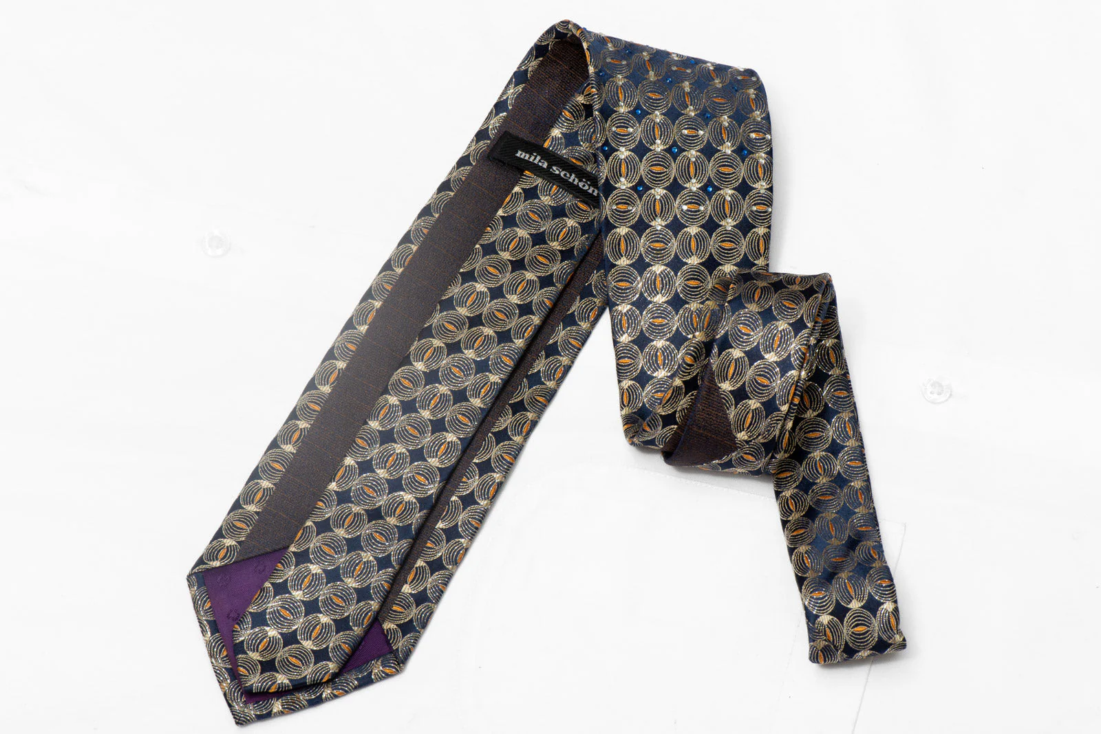 Gold Geometric On Navy Rhinestone Silk Necktie With Silver Sparkles - Image 3