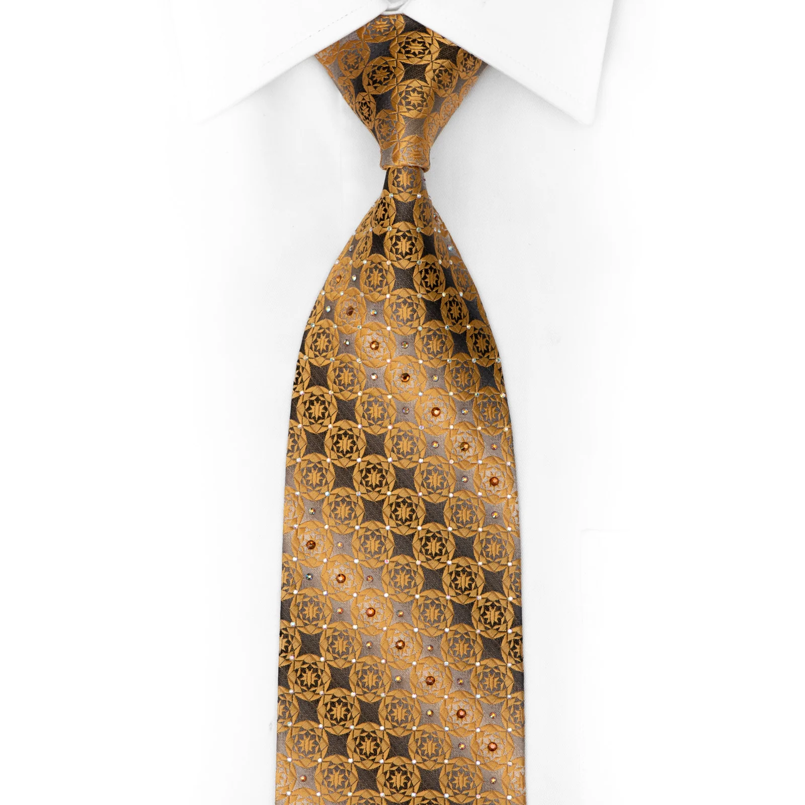 Gold Geometric On Silver Rhinestone Silk Necktie