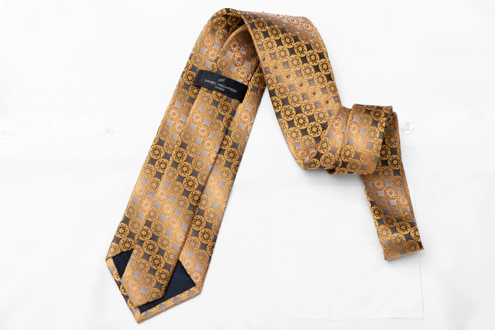 Gold Geometric On Silver Rhinestone Silk Necktie - Image 4