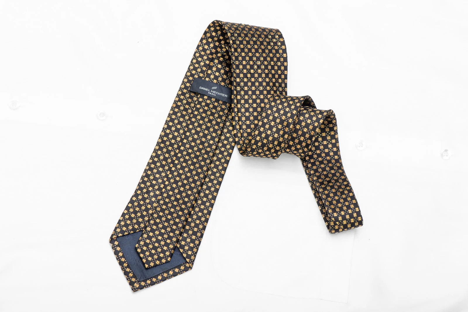 Gold Geometric Squares On Black Rhinestone Silk Necktie With Gold Sparkles - Image 4