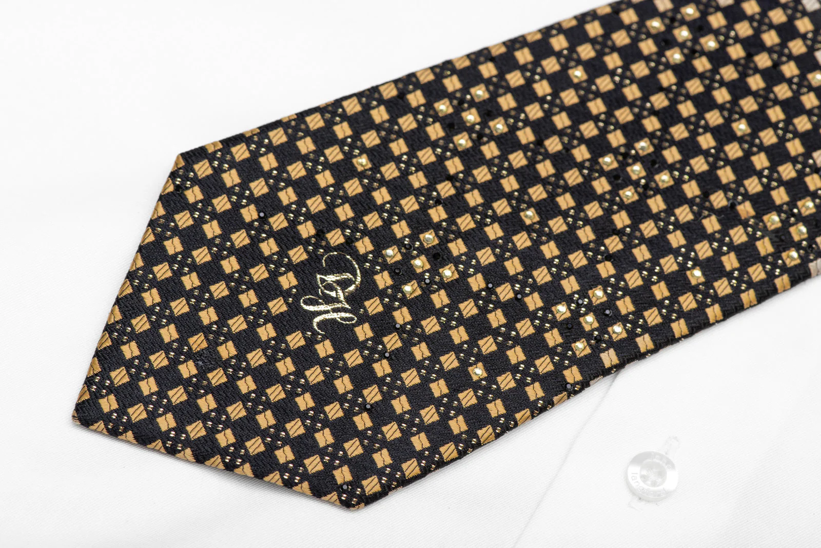 Gold Geometric Squares On Black Rhinestone Silk Necktie With Gold Sparkles - Image 5