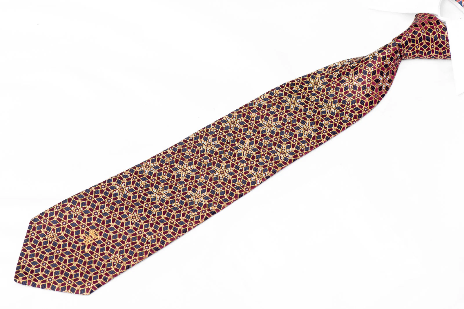 Gold Geometric Trellis On Burgundy Blue Rhinestone Silk Tie With Gold Sparkles - Image 2