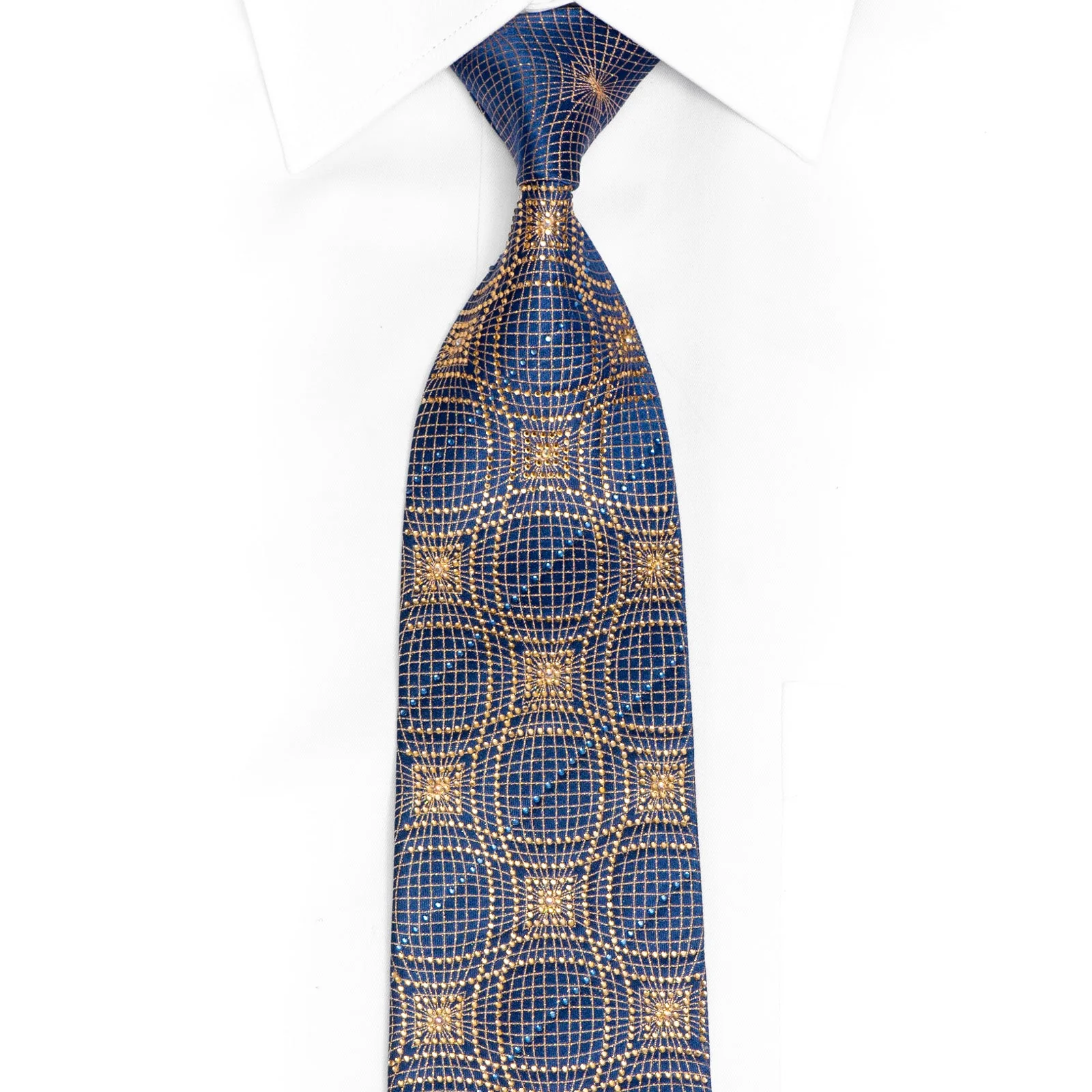 Gold Geometric Trellis Pattern On Blue Rhinestone Silk Tie With Sparkles
