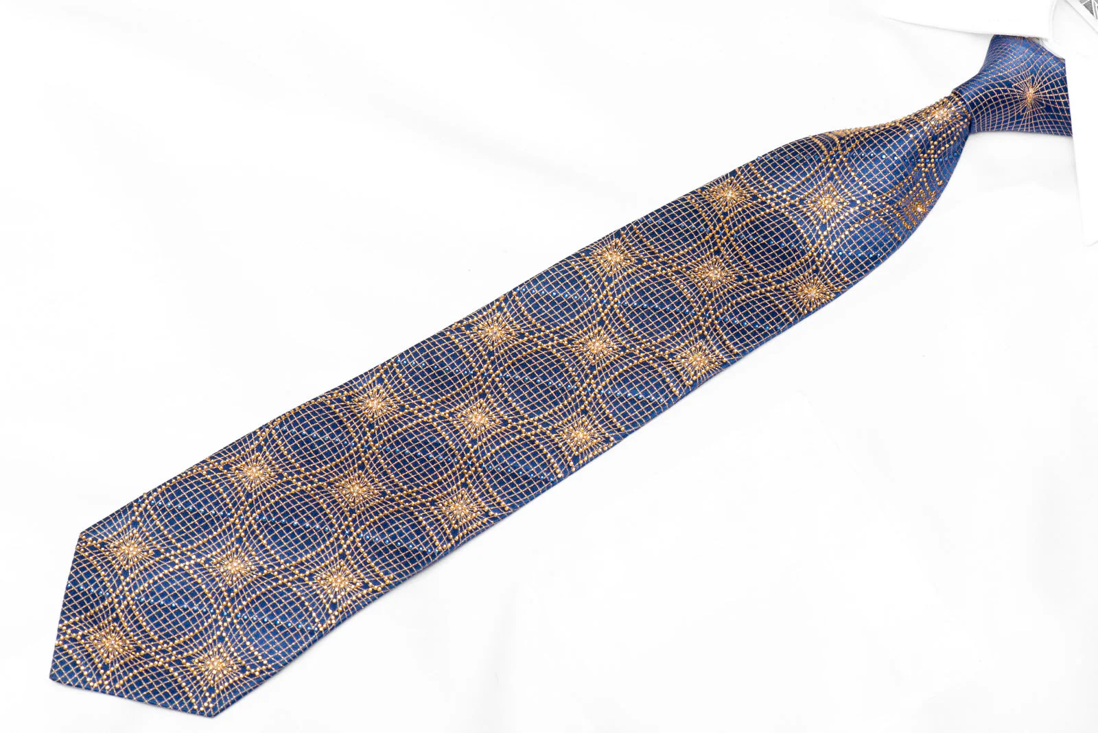 Gold Geometric Trellis Pattern On Blue Rhinestone Silk Tie With Sparkles - Image 2