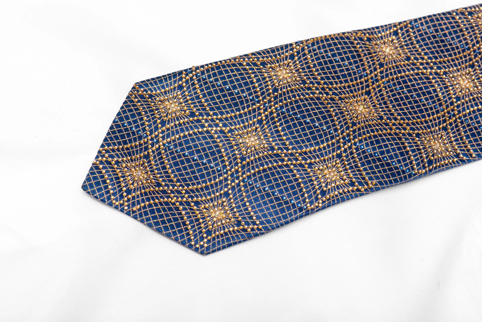 Gold Geometric Trellis Pattern On Blue Rhinestone Silk Tie With Sparkles - Image 3