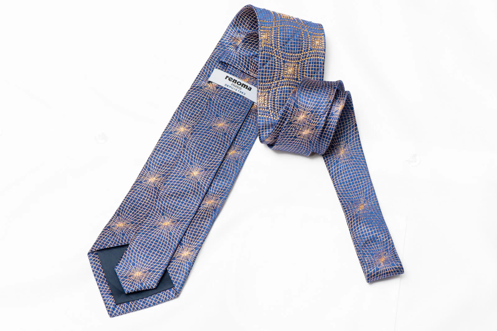 Gold Geometric Trellis Pattern On Blue Rhinestone Silk Tie With Sparkles - Image 4