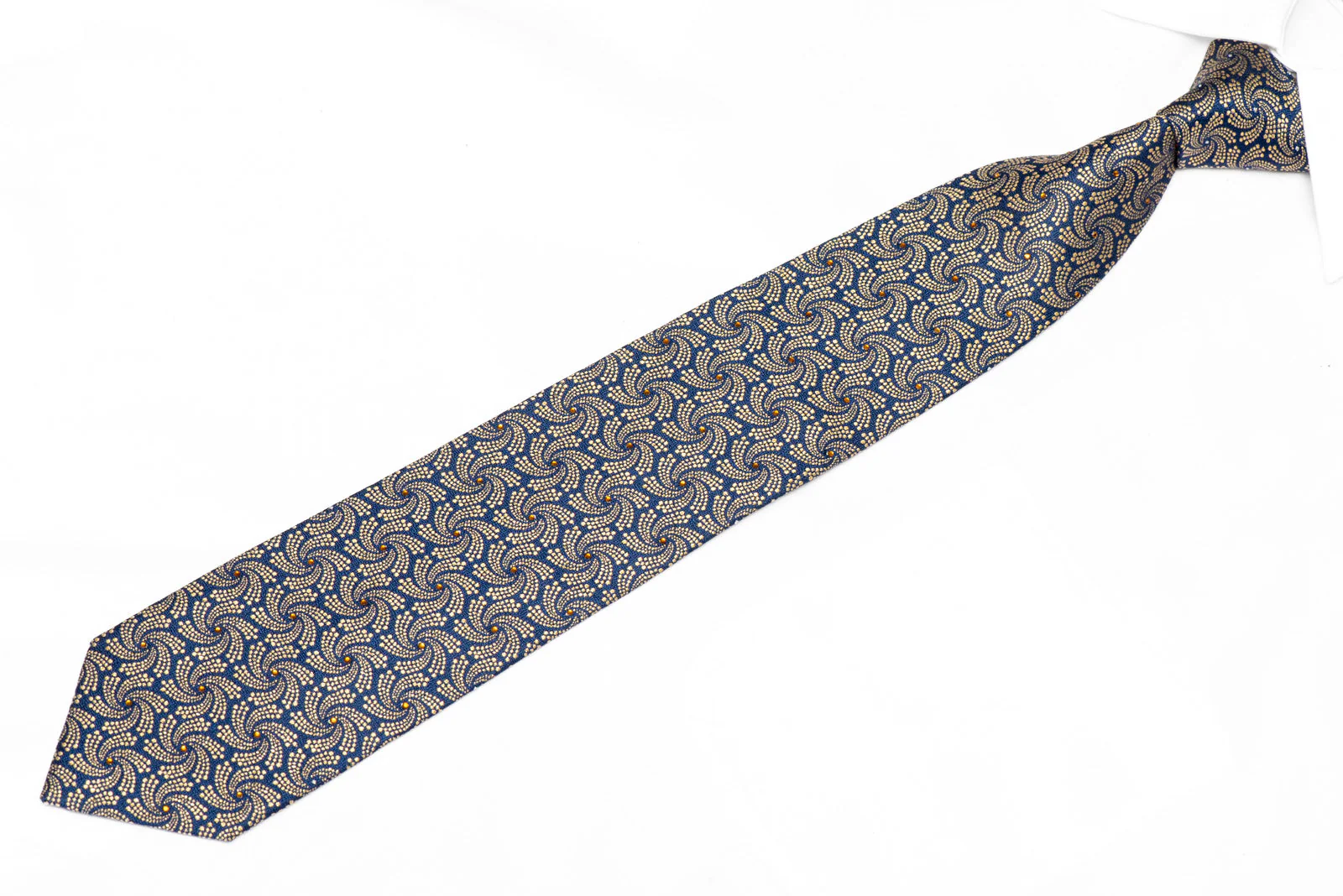 Gold Geometric Twirls On Navy Rhinestone Silk Tie With Gold Sparkles - Image 2
