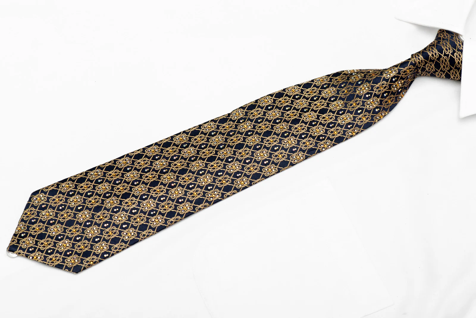 Gold Interlocking Chain On Navy Rhinestone Silk Necktie With Gold Sparkles - Image 3