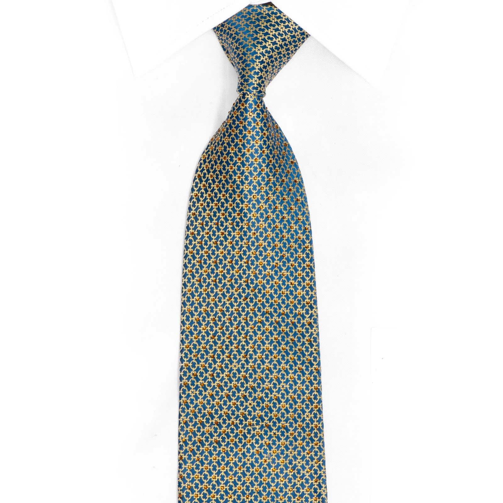 Gold Interlocking Chains On Blue Rhinestone Silk Tie