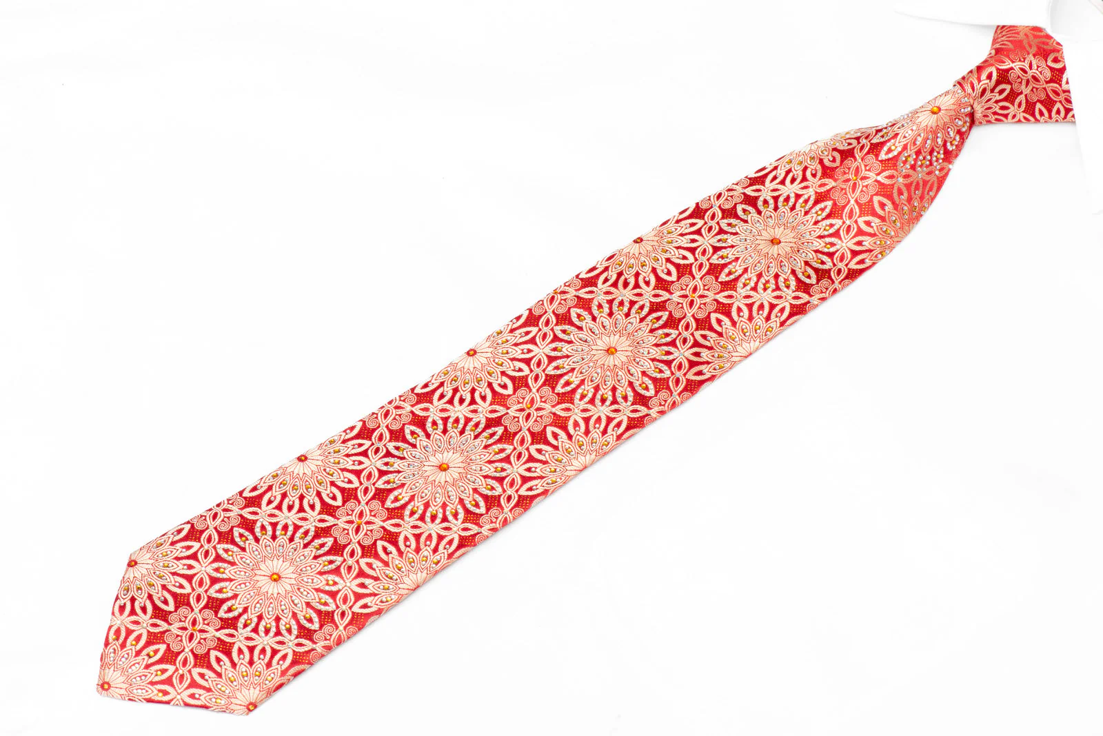 Gold Marrakesh Design On Red Rhinestone Silk Necktie With Sparkles - Image 2