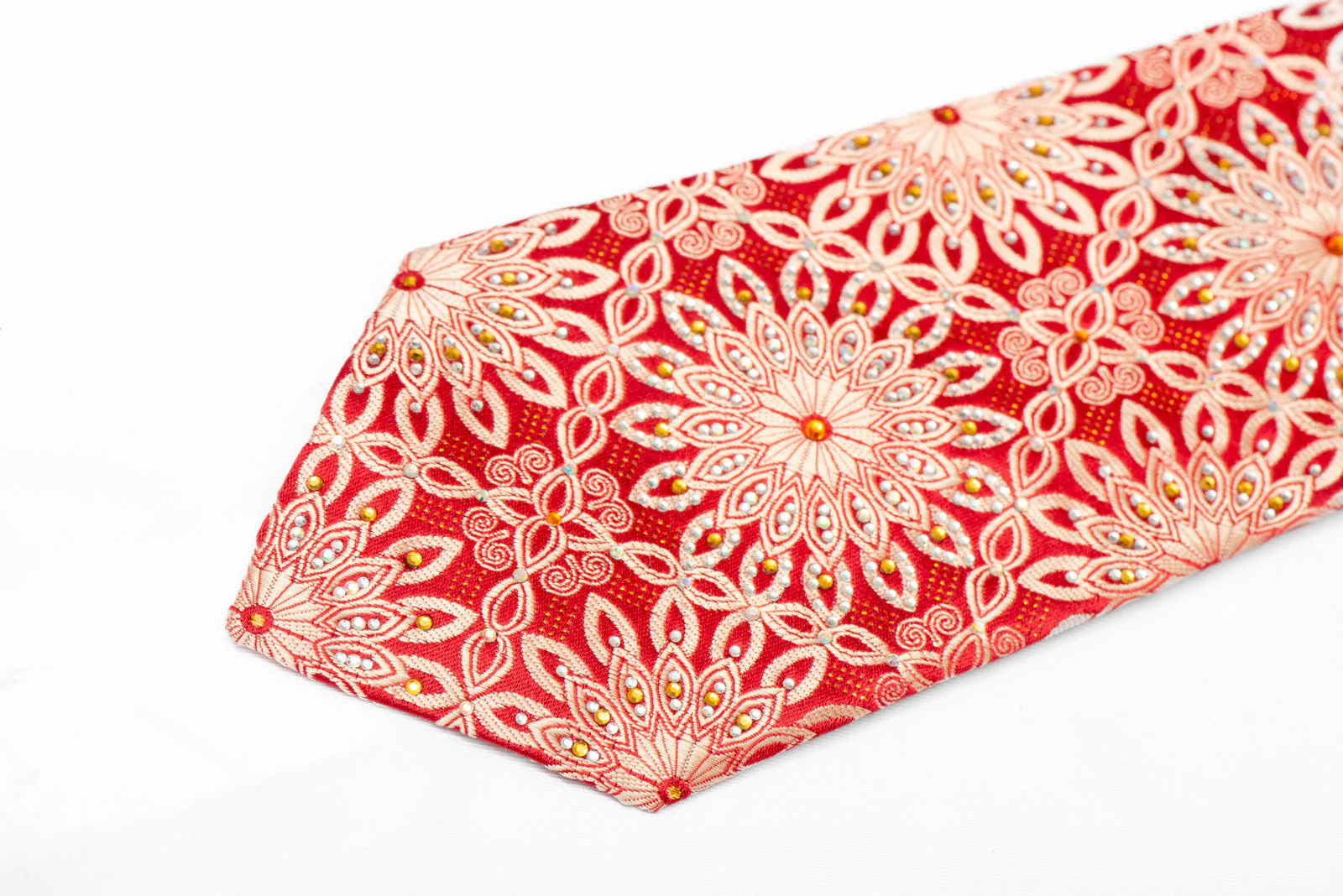 Gold Marrakesh Design On Red Rhinestone Silk Necktie With Sparkles - Image 3