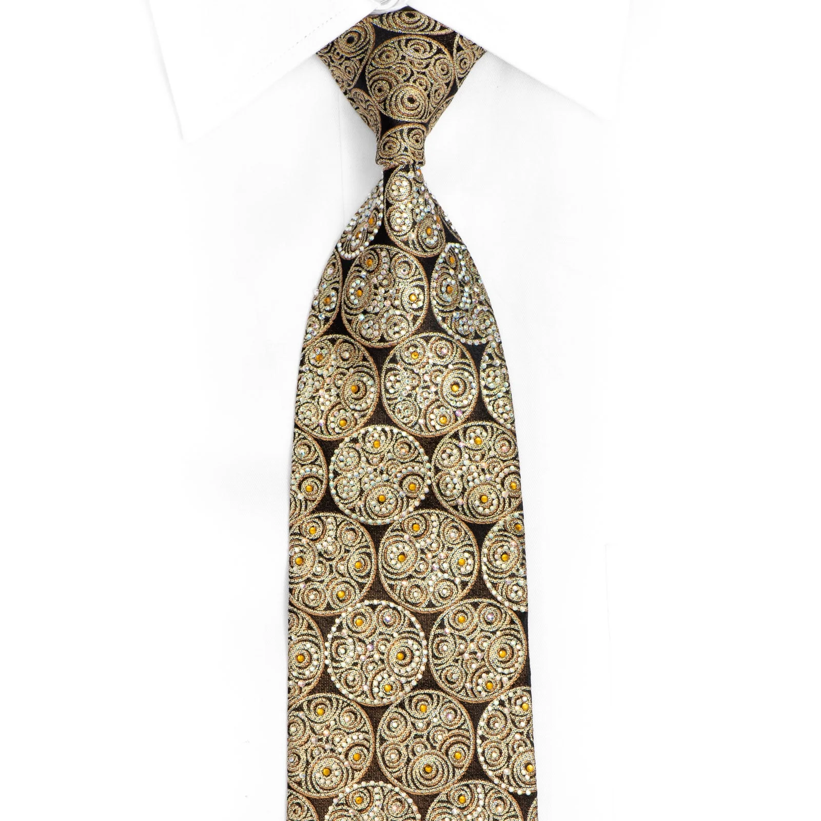 Gold Medallions On Black Rhinestone Silk Tie With Silver Sparkles