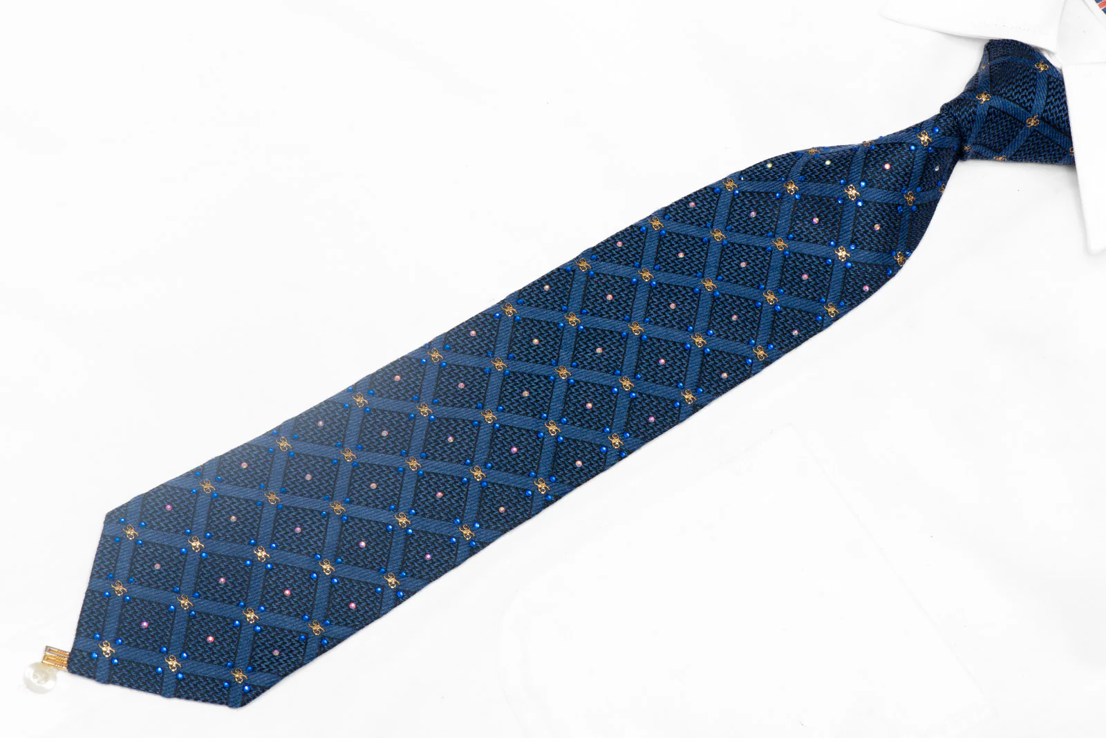 Gold Monogram On Blue Rhinestone Silk Tie With Sparkles - Image 2