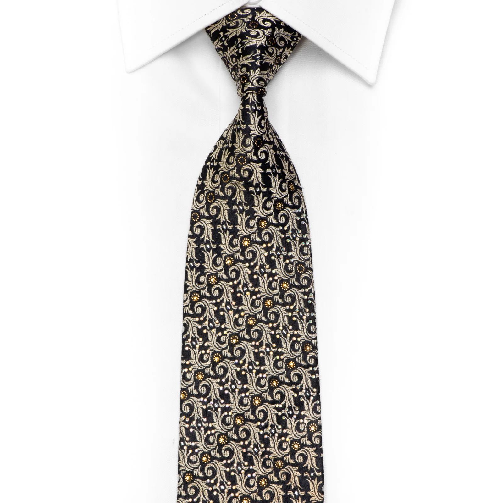 Gold Orange Acanthus On Navy Rhinestone Silk Tie With Gold Sparkles