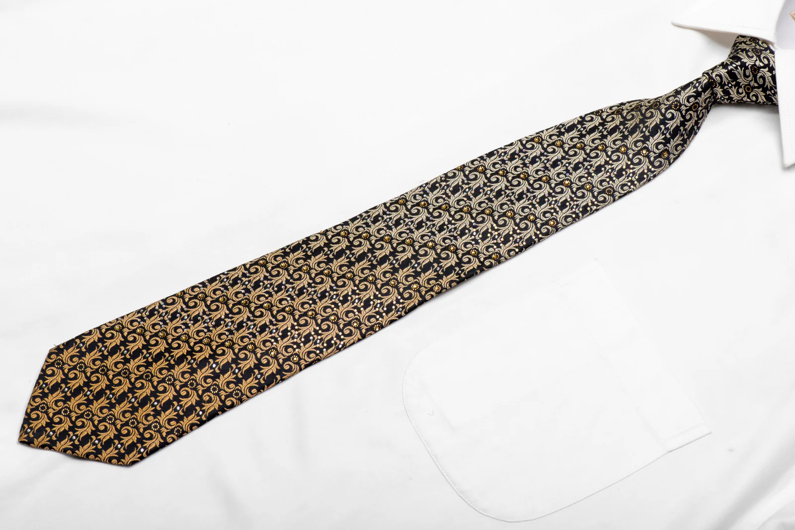 Gold Orange Acanthus On Navy Rhinestone Silk Tie With Gold Sparkles - Image 3