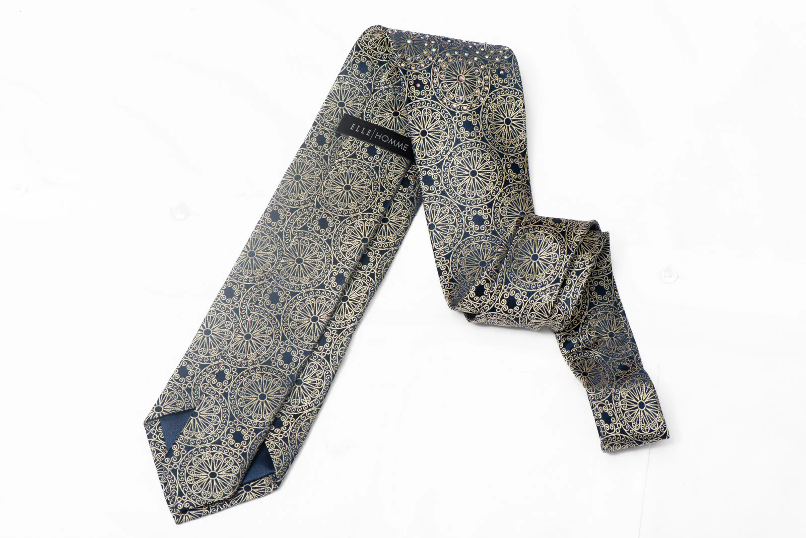 Gold Ornate Design On Navy Blue Rhinestone Silk Tie - Image 3