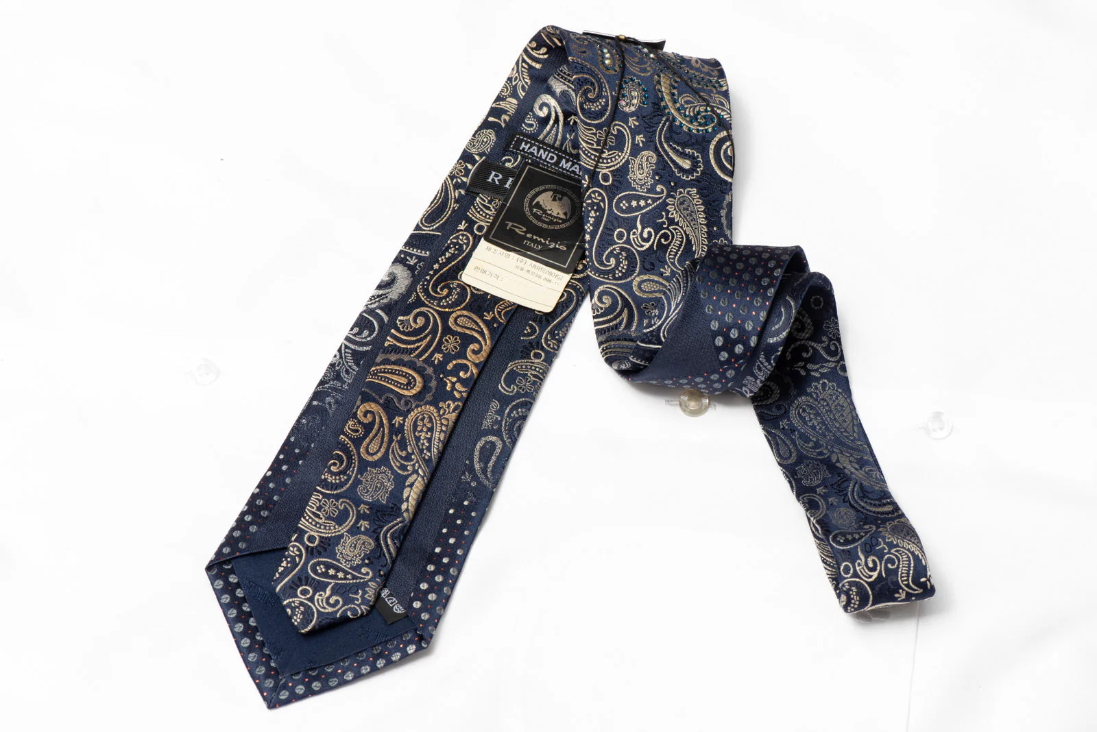 Gold Paisley On Blue Silk Tie Sparkling With Rhinestones & Gold Sparkles - Image 3