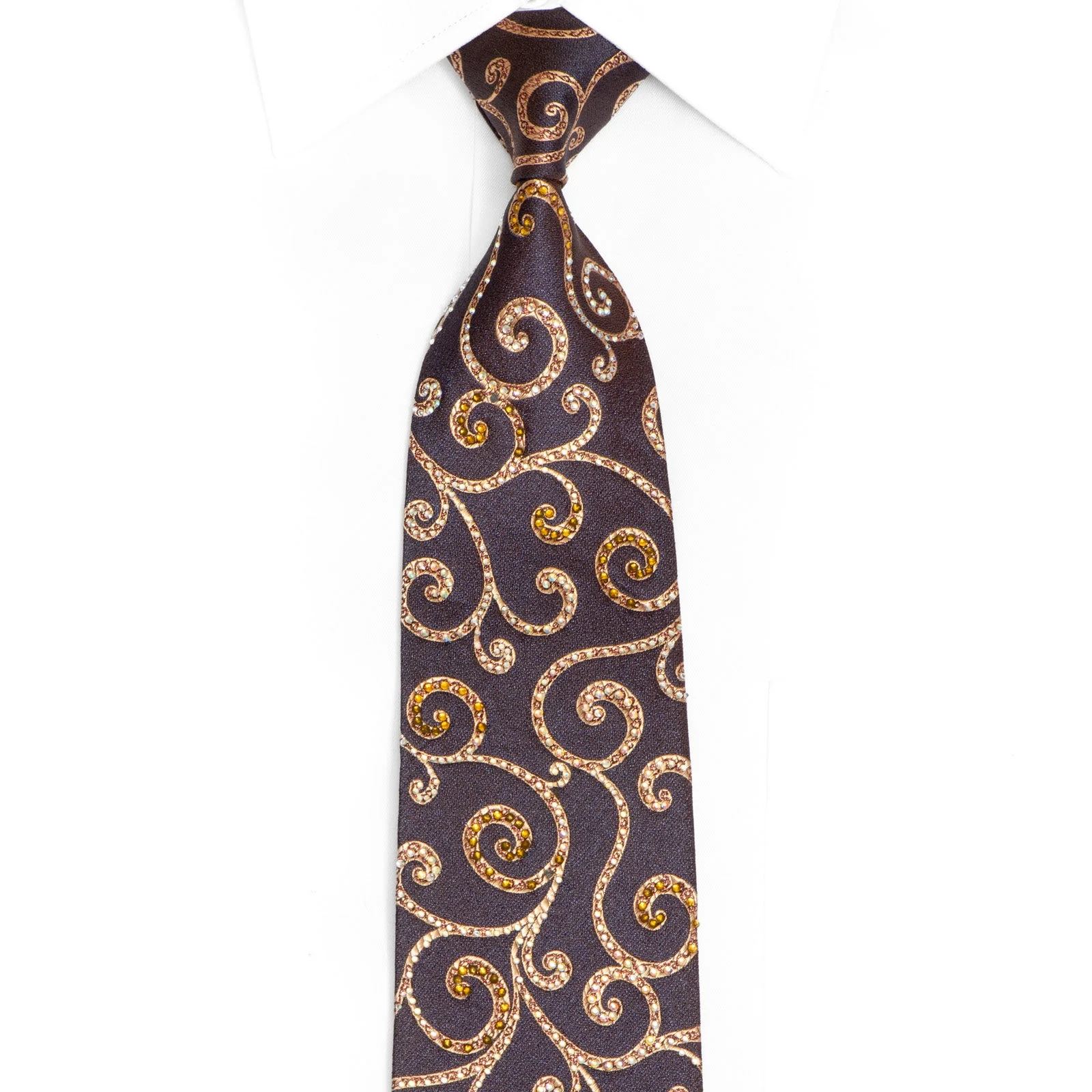 Gold Scrolls On Blue Rhinestone Tie With Red Sparkles